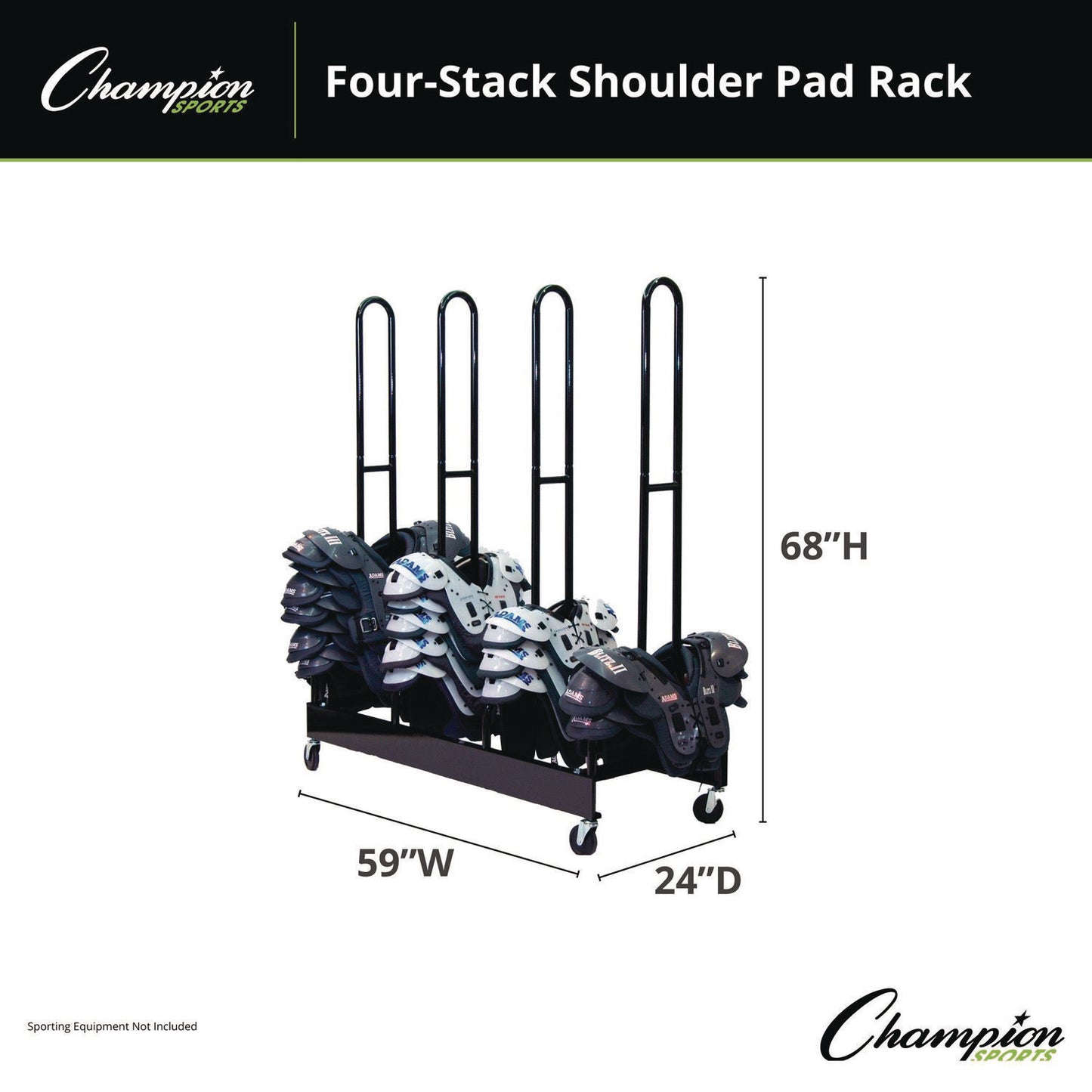 Mobile Four-Stack Shoulder Pad Rack, Metal, 176 lb Capacity, 24" x 59" x 68", Black