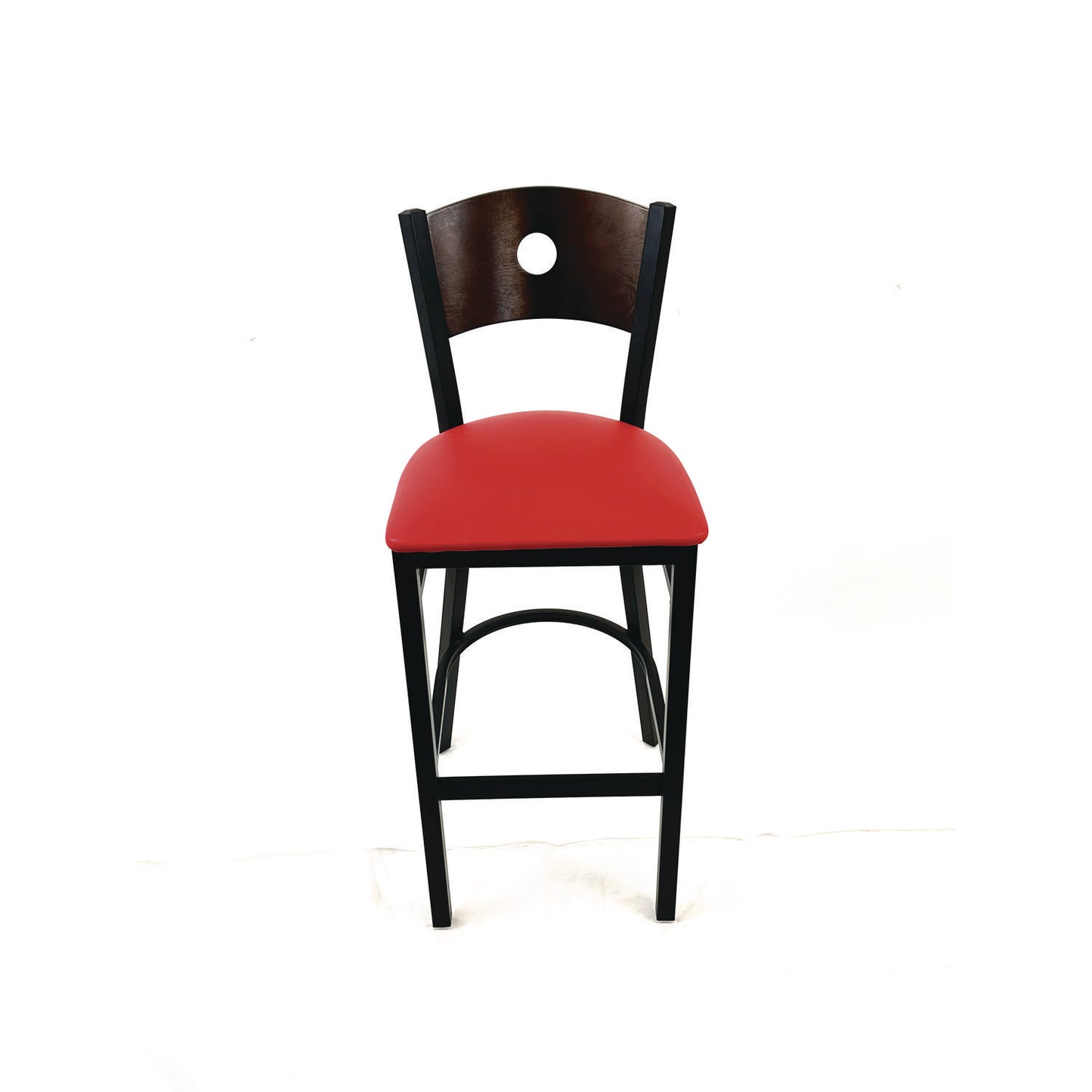 Circle Series Barstool, Supports Up to 300 lb, 28.5" Seat Height, Red Seat, Dark Walnut Back, Black Base