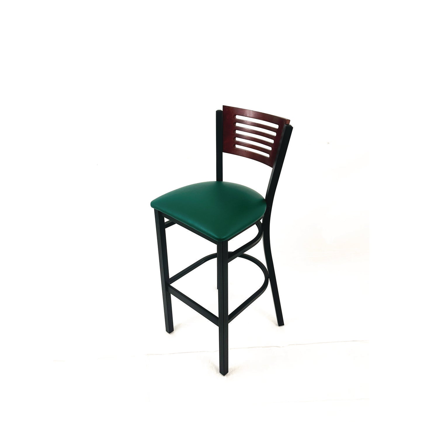 Jones River Series Barstool, Supports Up to 300 lb, 28.5" Seat Height, Green Seat, Dark Mahogany Back, Black Base