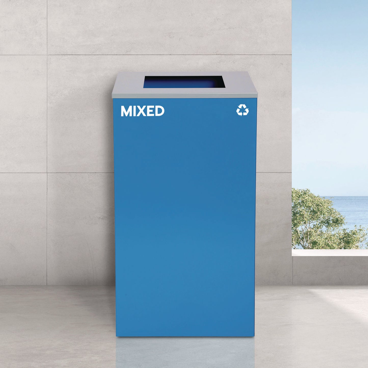 29 Gallon Trash/Recycling Cans, Steel, Blue Mixed Recycling Can, Green Compost Can, Black Trash Can with Square Lids