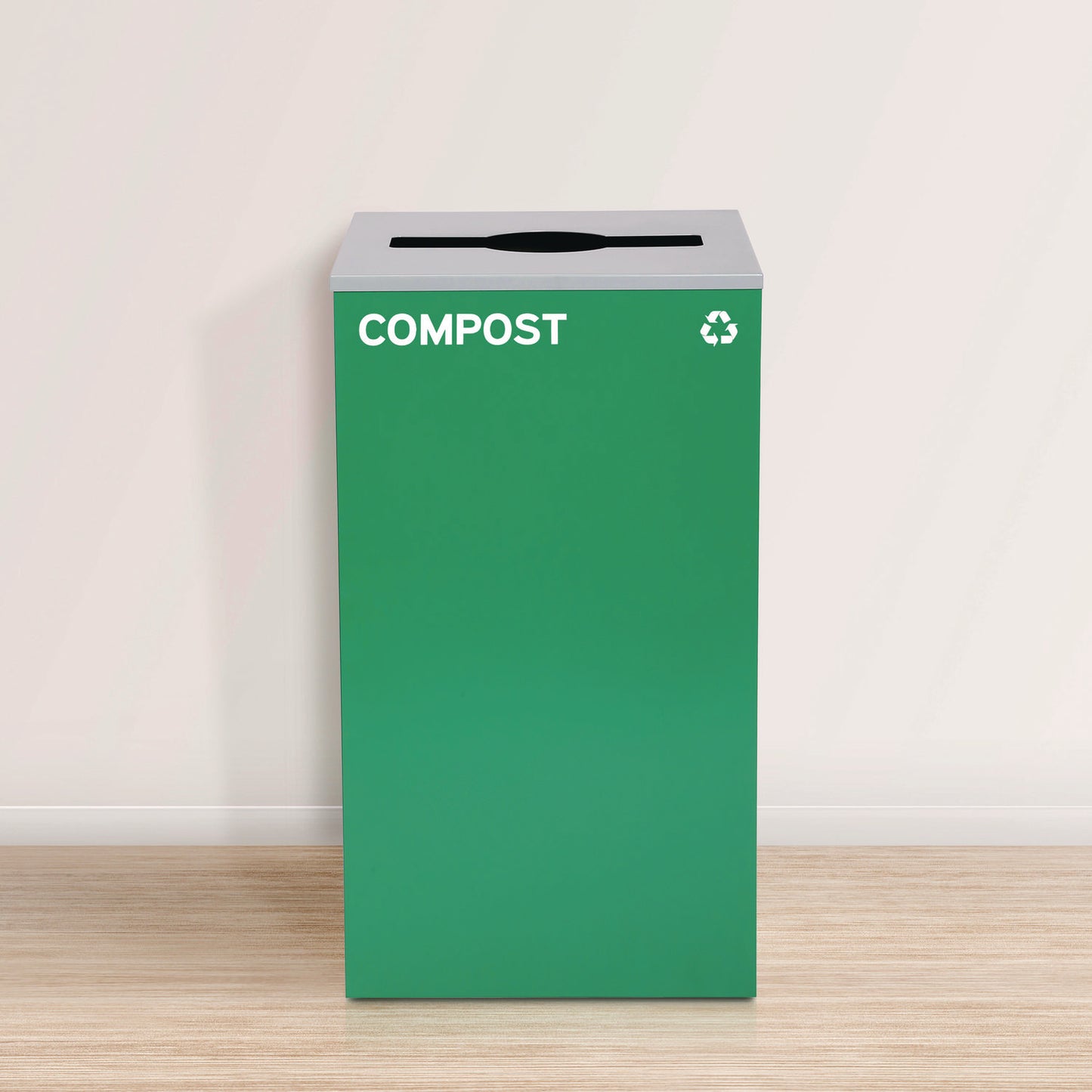 29 Gallon Trash/Recycling Cans, Steel, Blue Cans/Bottles Recycling w/Circle Lid, Green Compost w/Mixed Lid, BK Trash w/Sq Lid