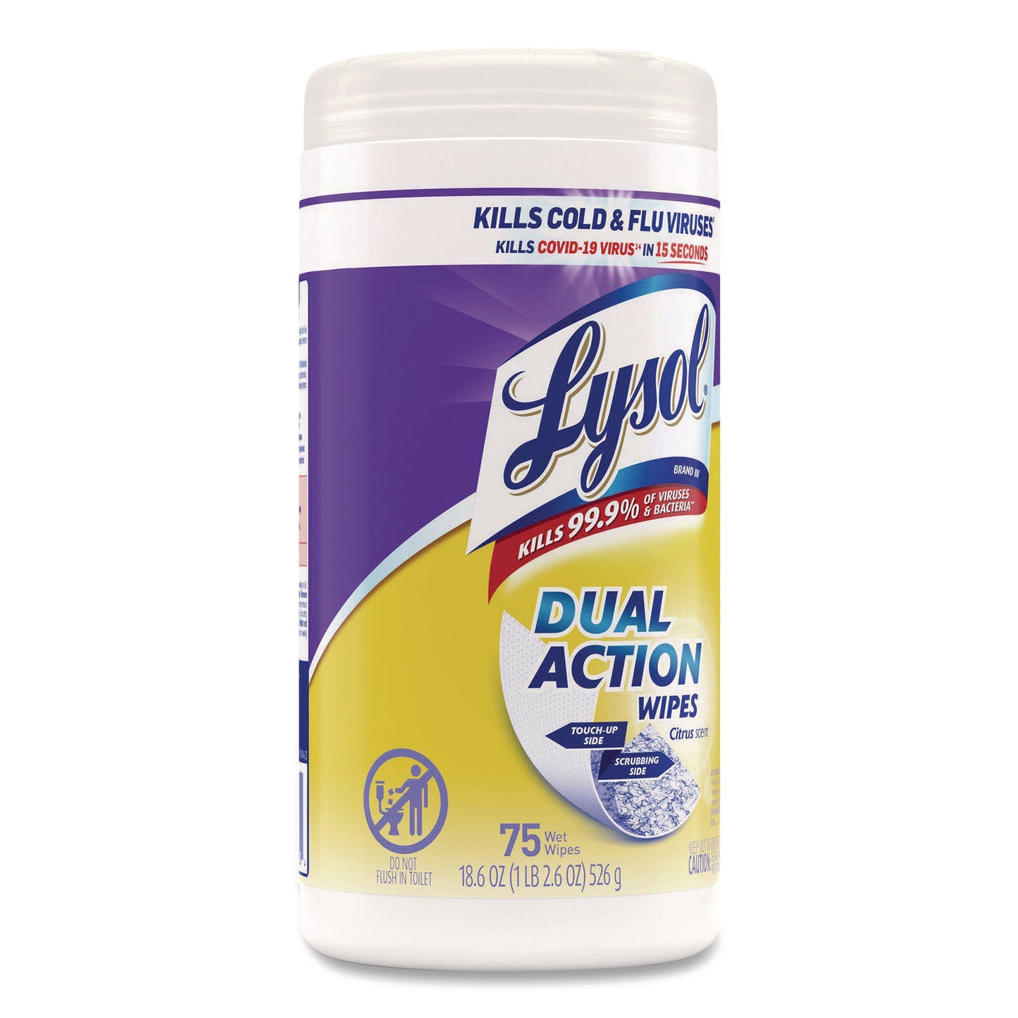 Dual Action Disinfecting Wipes, 1-Ply, 7 x 7.25, Citrus, White/Purple, 75/Canister