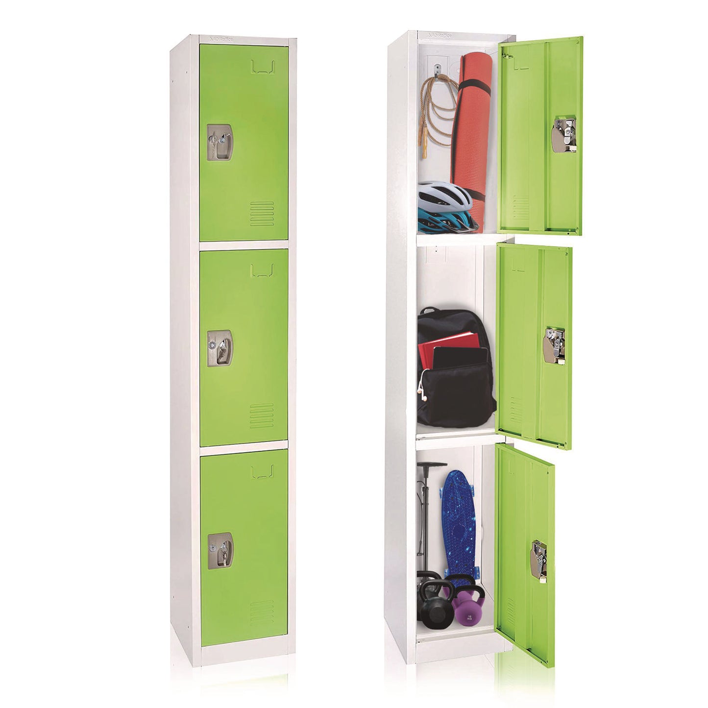 Steel Storage Locker, 3 Compartment, 12 x 12 x 72, Green