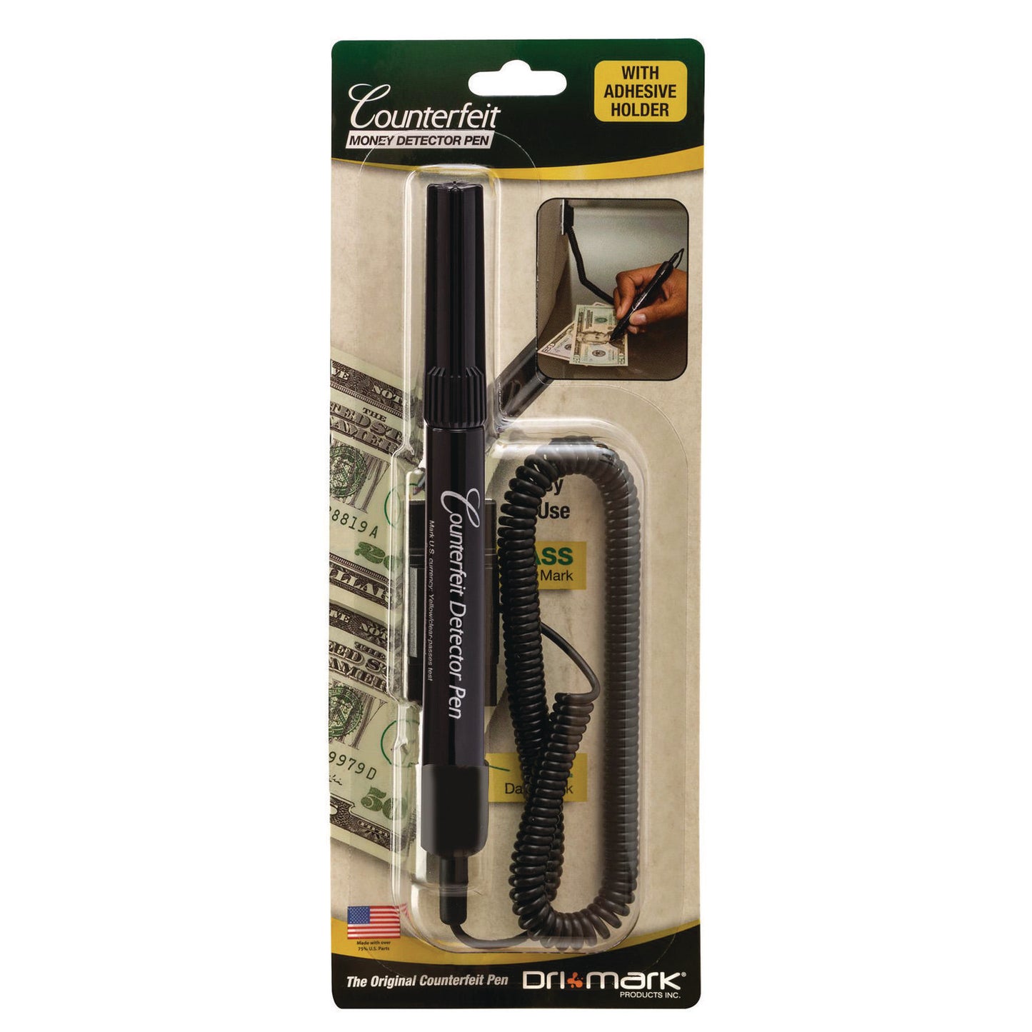 Smart Money Counter Pen for USD, Includes Coiled Cable and Self-Adhesive Counter Mount, Black