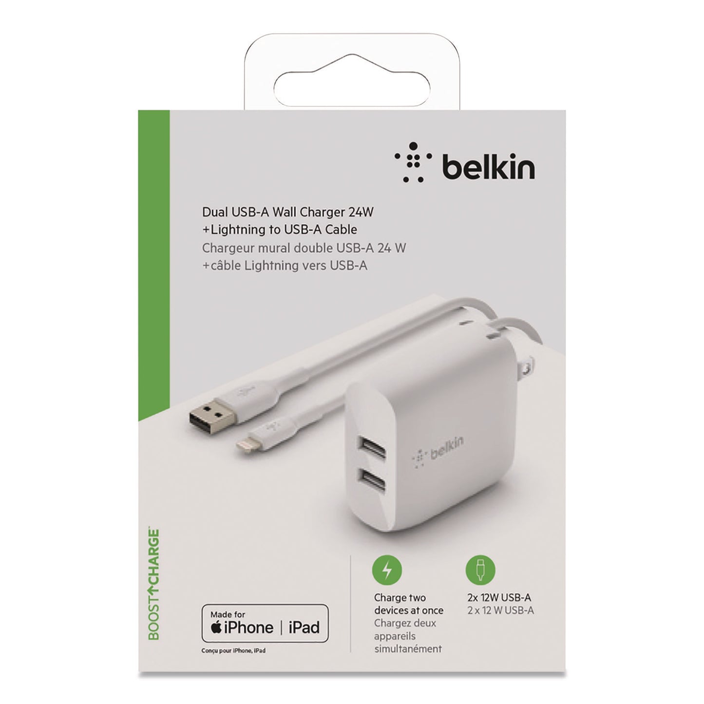 BOOST CHARGE Dual USB-A Wall Charger + Lightning to USB-A Cable, White