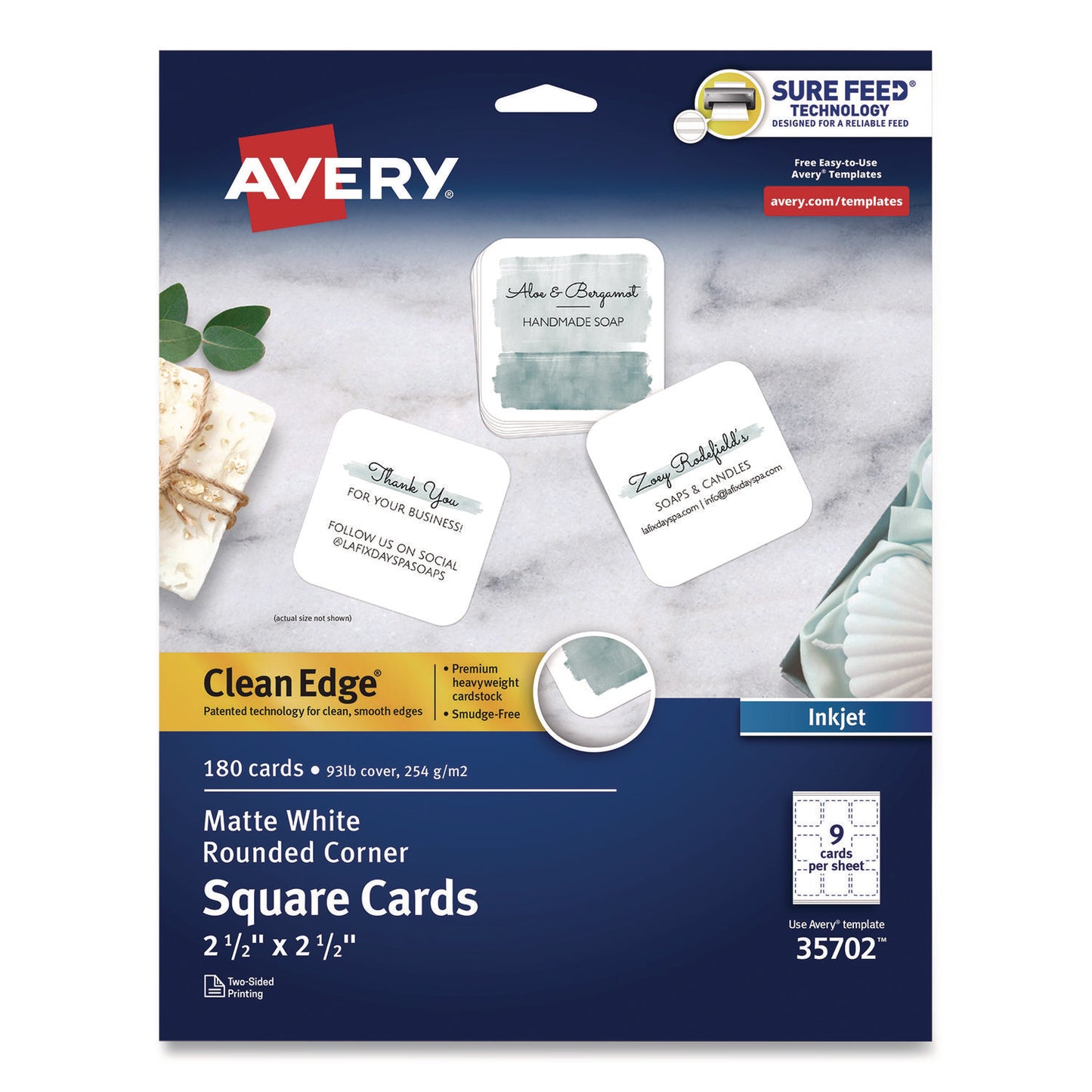Clean Edge Square Cards, Inkjet, 2.5 x 2.5, 9 Cards/Sheet, 20 Sheets/Pack