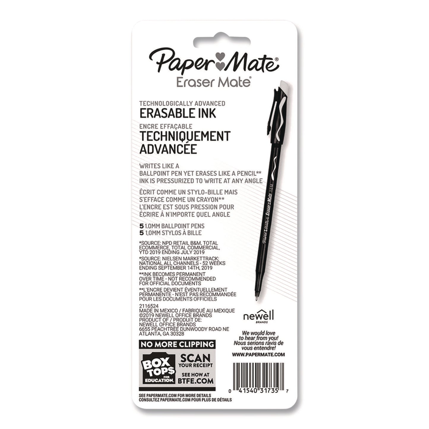 Eraser Mate Ballpoint Pen, Stick, Medium 1 mm, Red Ink, Red Barrel, 5/Pack