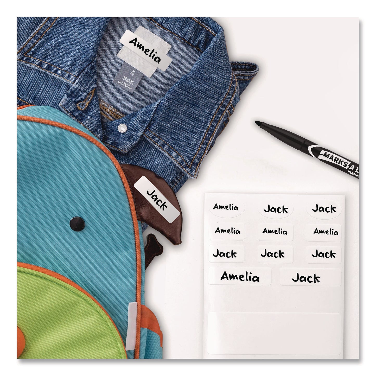 Avery Kids No-Iron Fabric Labels, Handwrite Only, Assorted Shapes and Sizes, White, 15 Labels/Sheet, 3 Sheets/Pack
