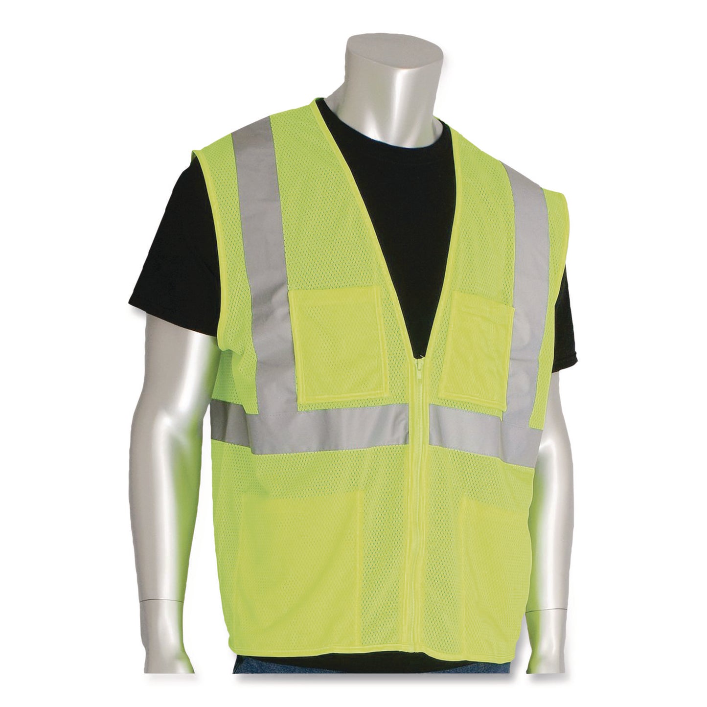 ANSI Class 2 Four Pocket Zipper Safety Vest, Polyester Mesh, 3X-Large, Hi-Viz Lime Yellow