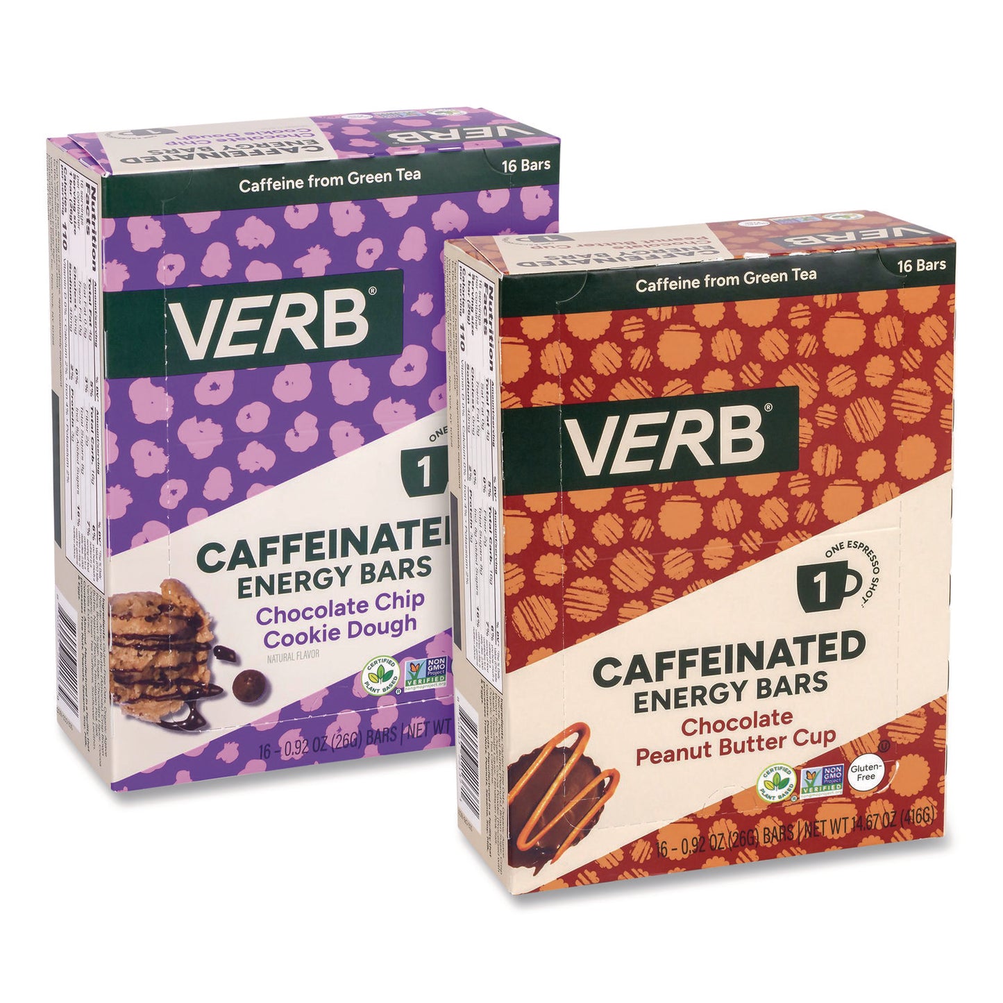 Caffeinated Energy Bar, Chocolate Peanut Butter Cup and Chocolate Chip Cookie Dough, 0.92 oz Bar, 32/Box