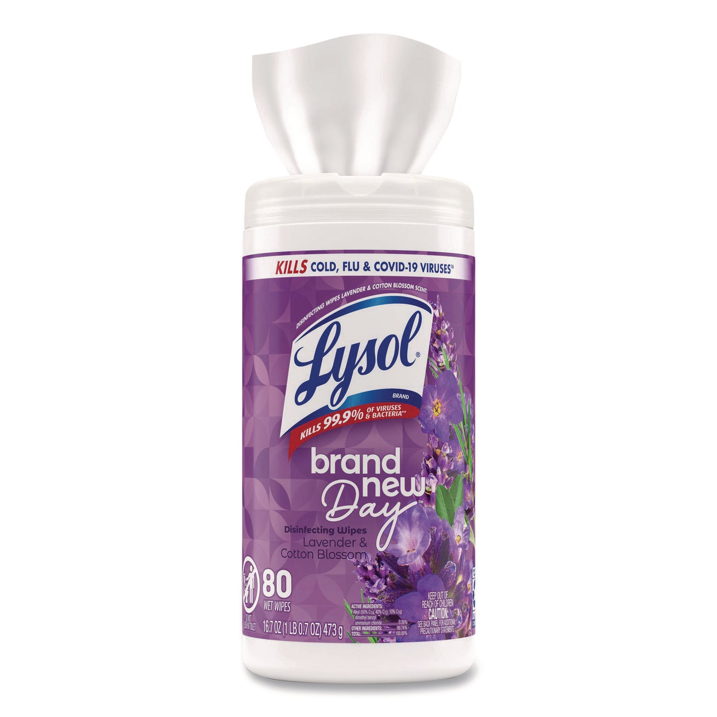 Disinfecting Wipes, 1-Ply, 7 x 7.25, Lavender and Cotton Blossom, White, 80 Wipes/Canister