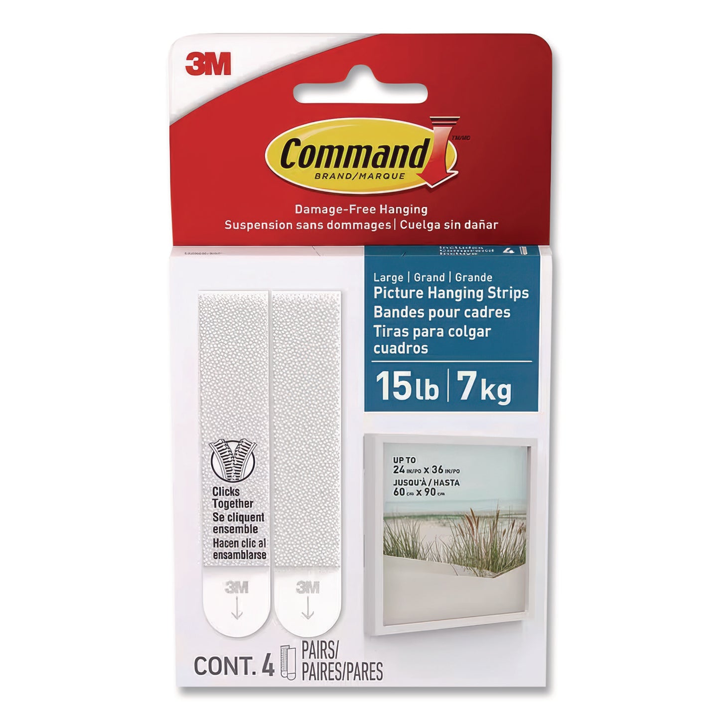 Bath Picture Hanging Strip Pairs, Holds Up to 4 lb, Large: 0.75" x 3.65", White, 4/Pack