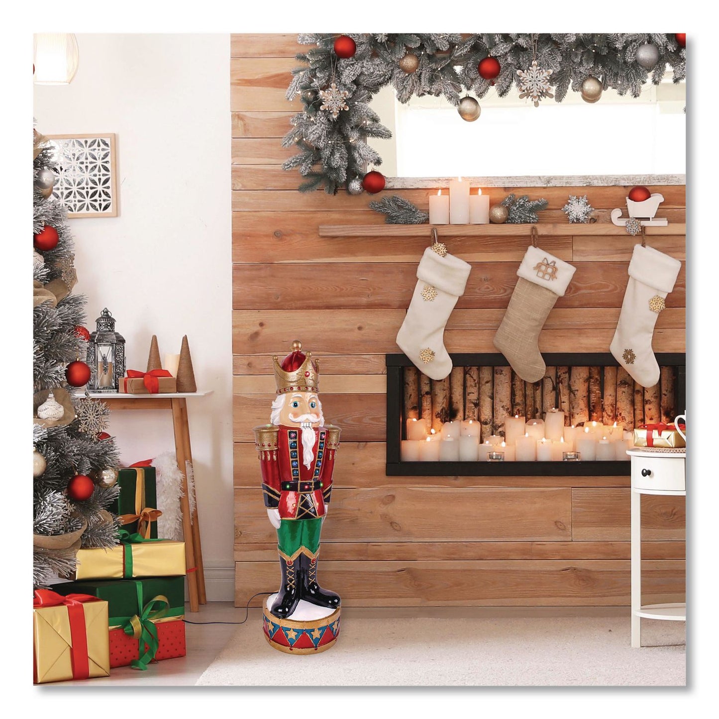 Nutcracker Christmas Decor, AC Powered, Blue/Green/Red/Yellow LED Lights, 10" x 11.37" x 36.5", Red