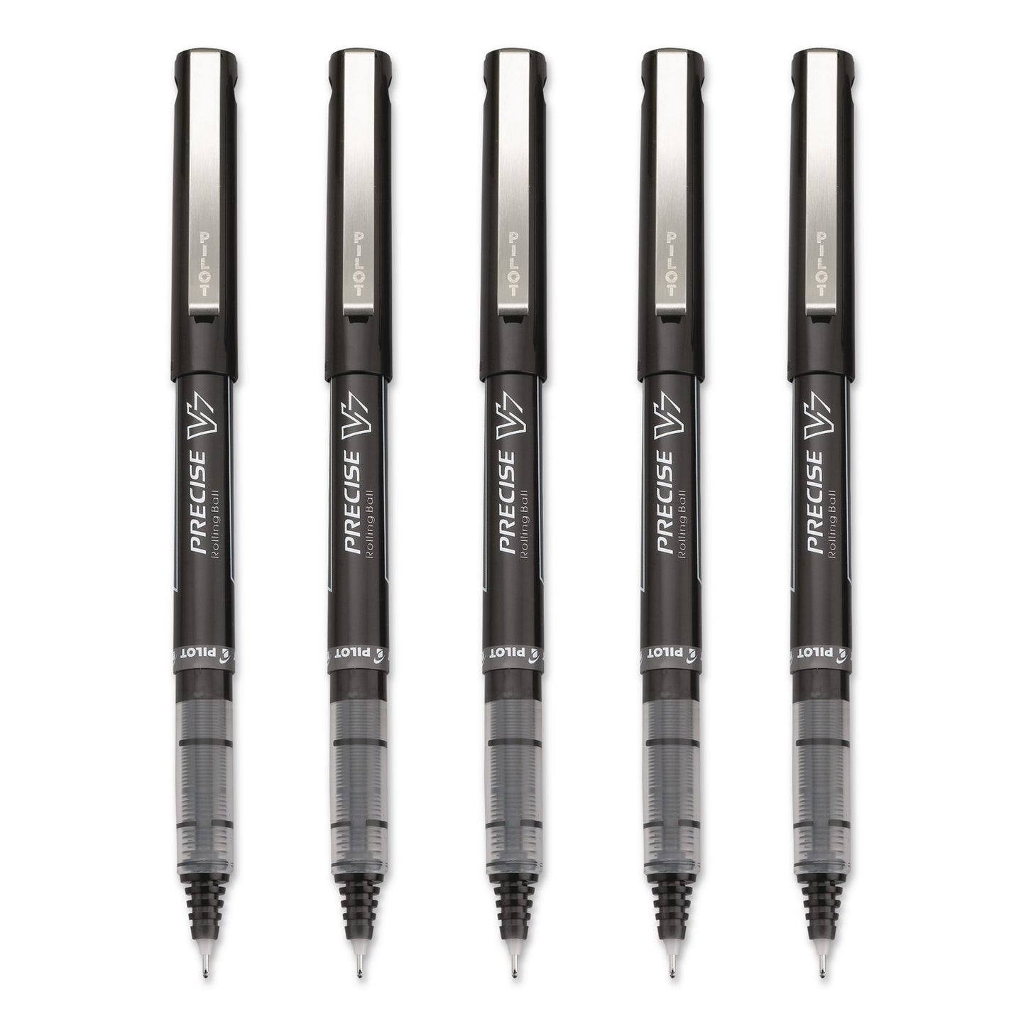 Precise V7 RollerBall Pen, Stick, Fine 0.7 mm, Black Ink, Black/Clear Barrel, 5/Pack