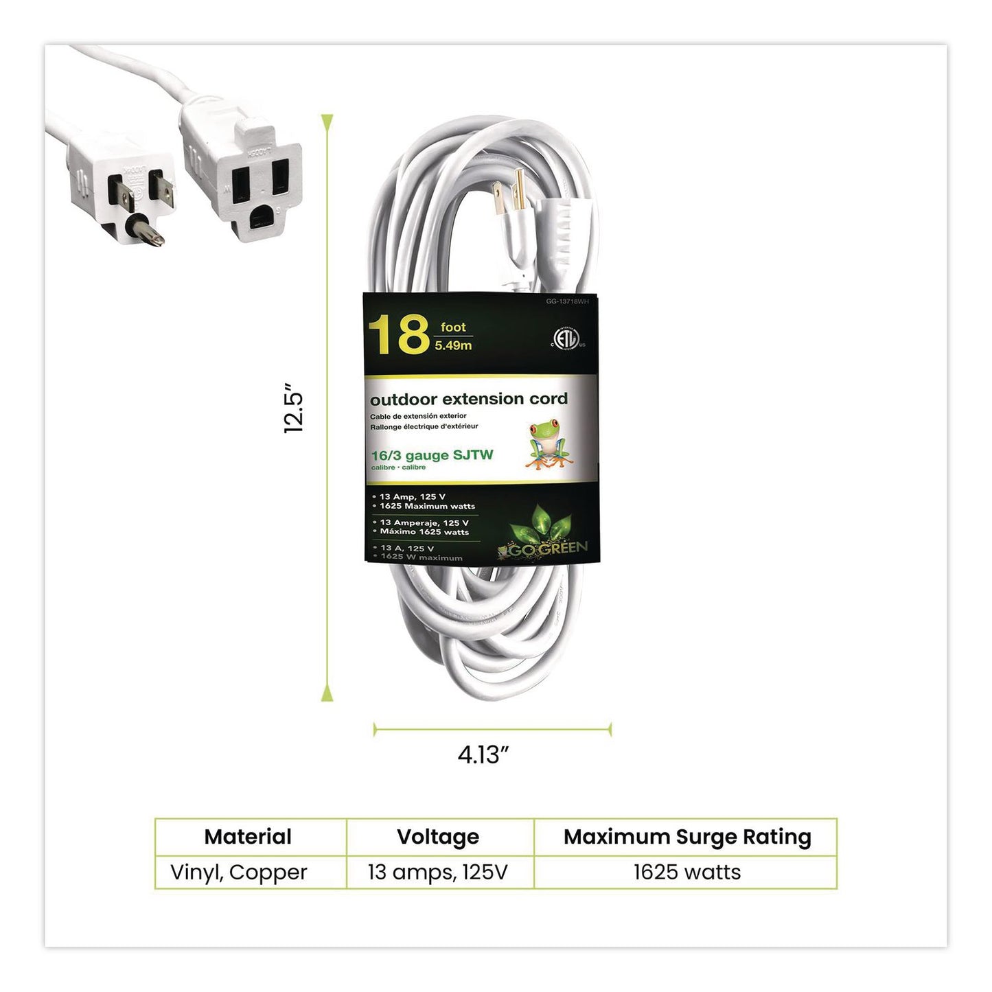 16 AWG Outdoor Extension Cord, 18 ft, 13 A, White