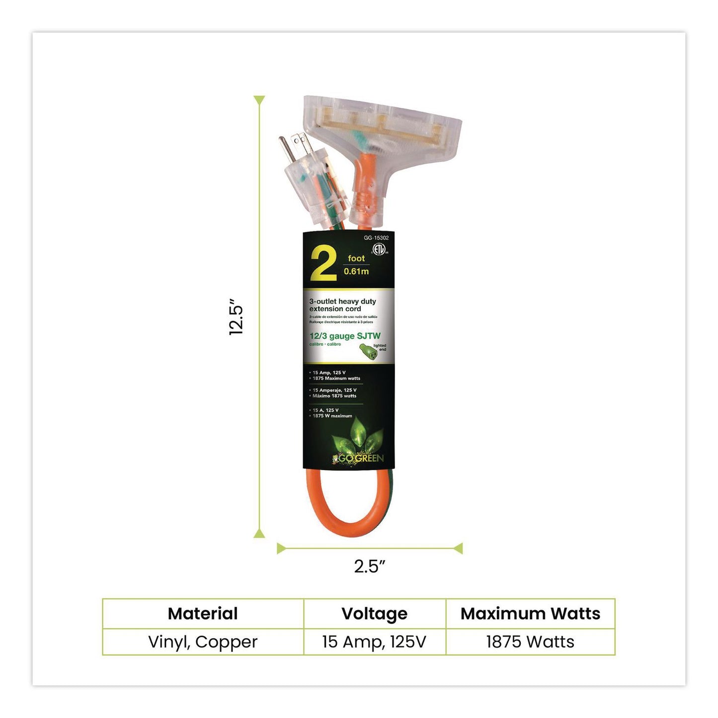12 AWG 3-Outlet Heavy-Duty Extension Cord, 2 ft, 15 A, Orange
