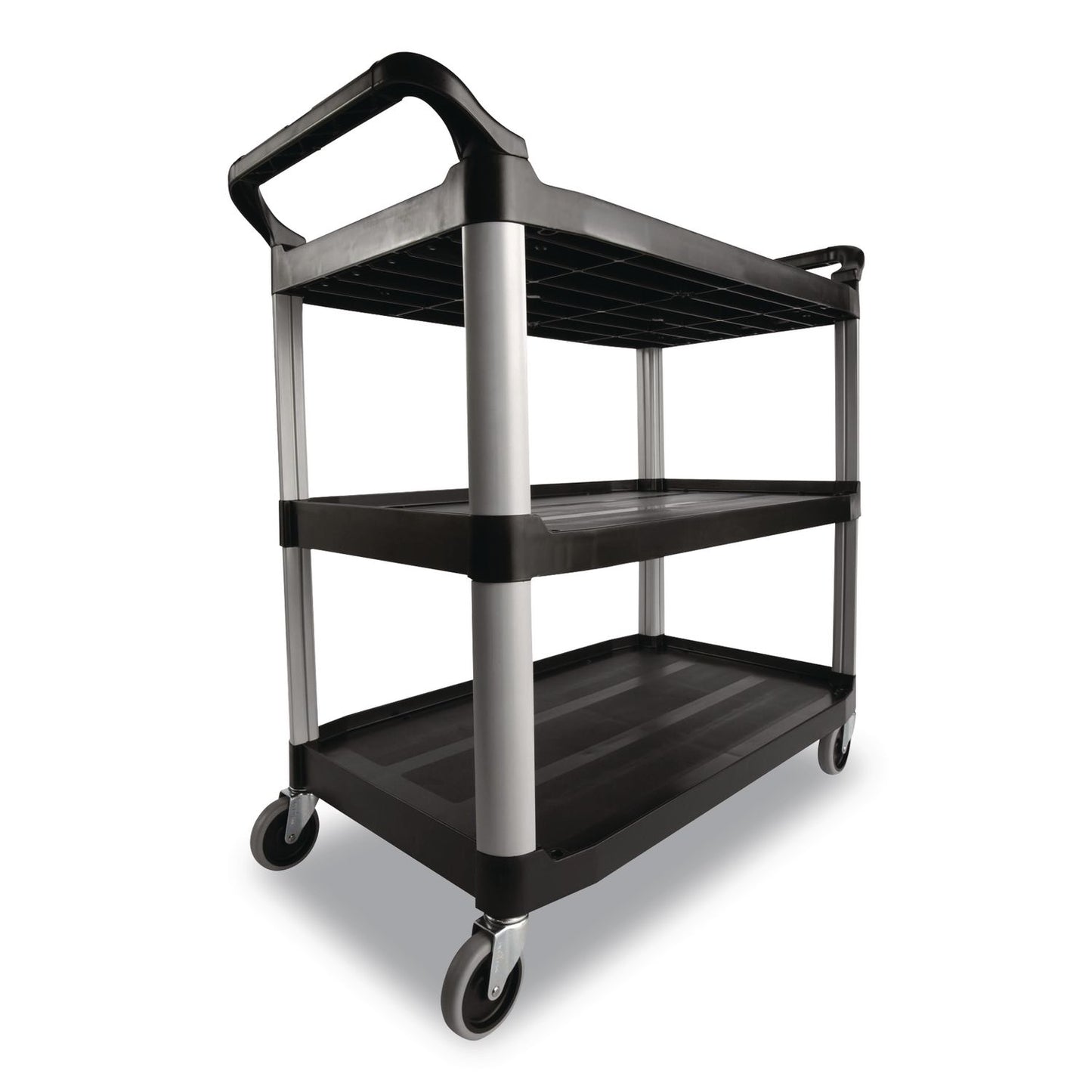 Xtra Utility Cart with Open Sides, Plastic, 3 Shelves, 300 lb Capacity, 40.63" x 20" x 37.81", Black