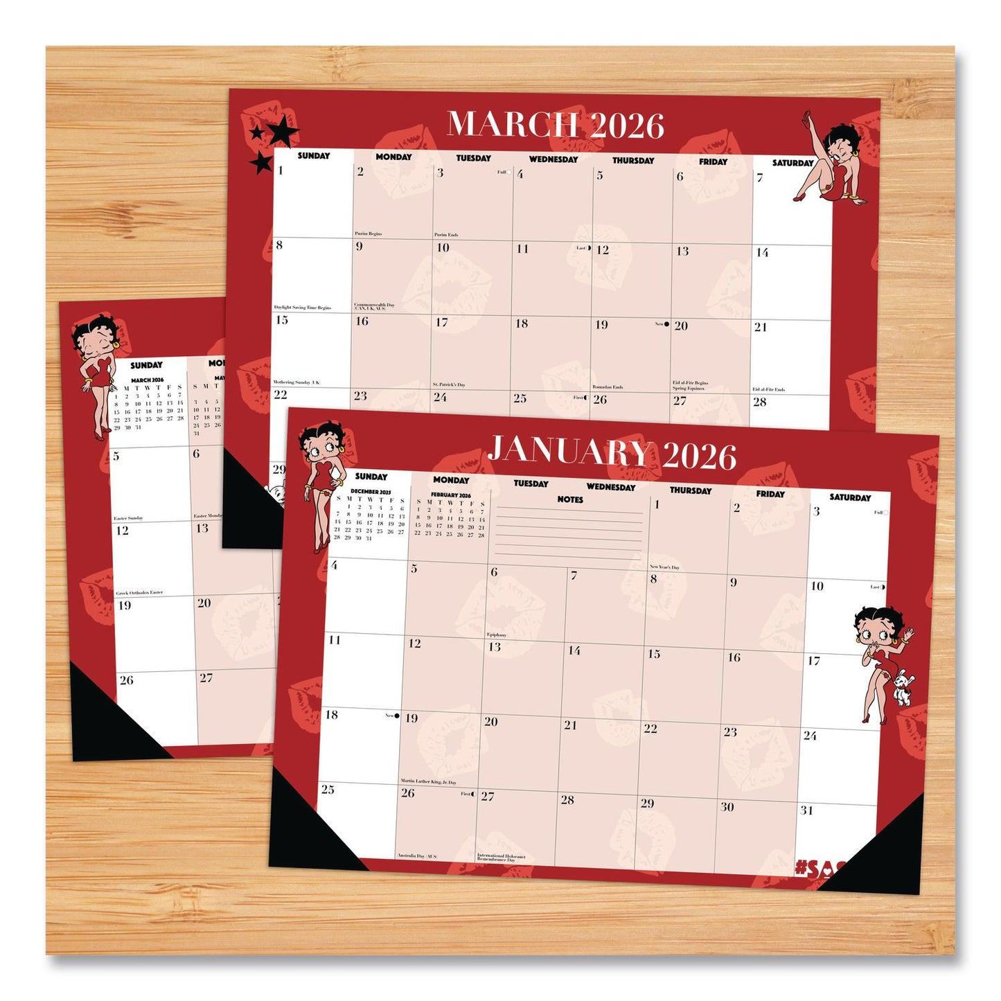 Betty Boop Small Monthly Desk Pad Calendar, 17 x 12, Red/White Sheets, Black Headband, Black Corners, 12-Month (Jan-Dec) 2026