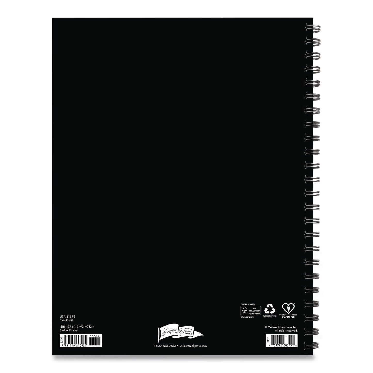 Budget Monthly Planner, 11 x 8.5, Black Cover, 12-Month, Undated