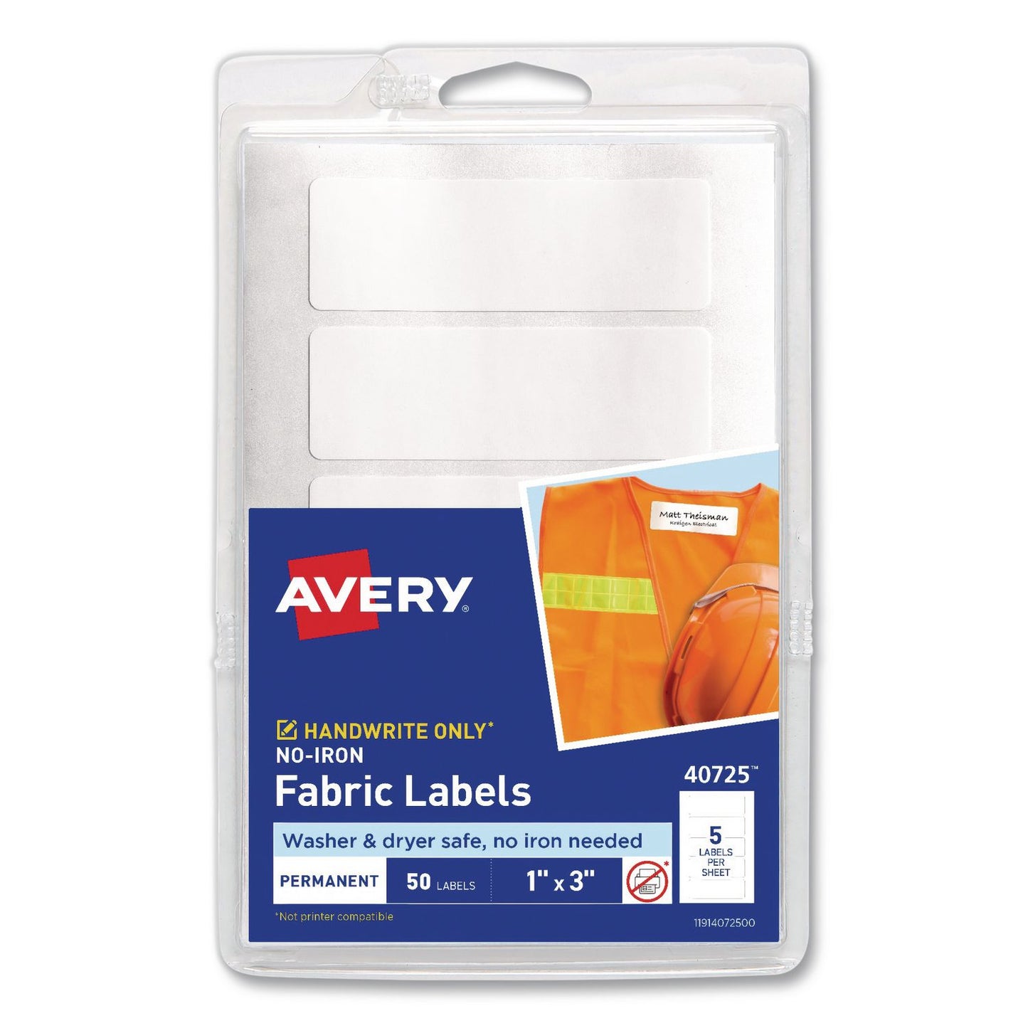 No-Iron Fabric Labels, Handwrite Only, 1 x 3, White, 5/Sheet, 10 Sheets/Pack