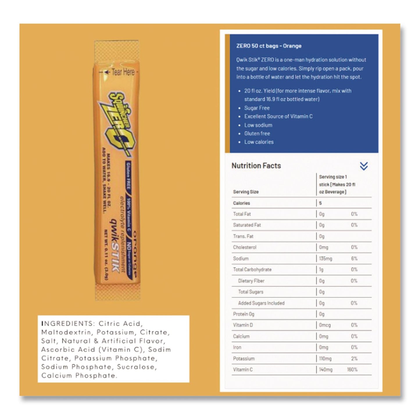 Sugar-Free Qwik Stik Energy Drink Mix, Orange, 1.26 oz Packet, 50/Pack