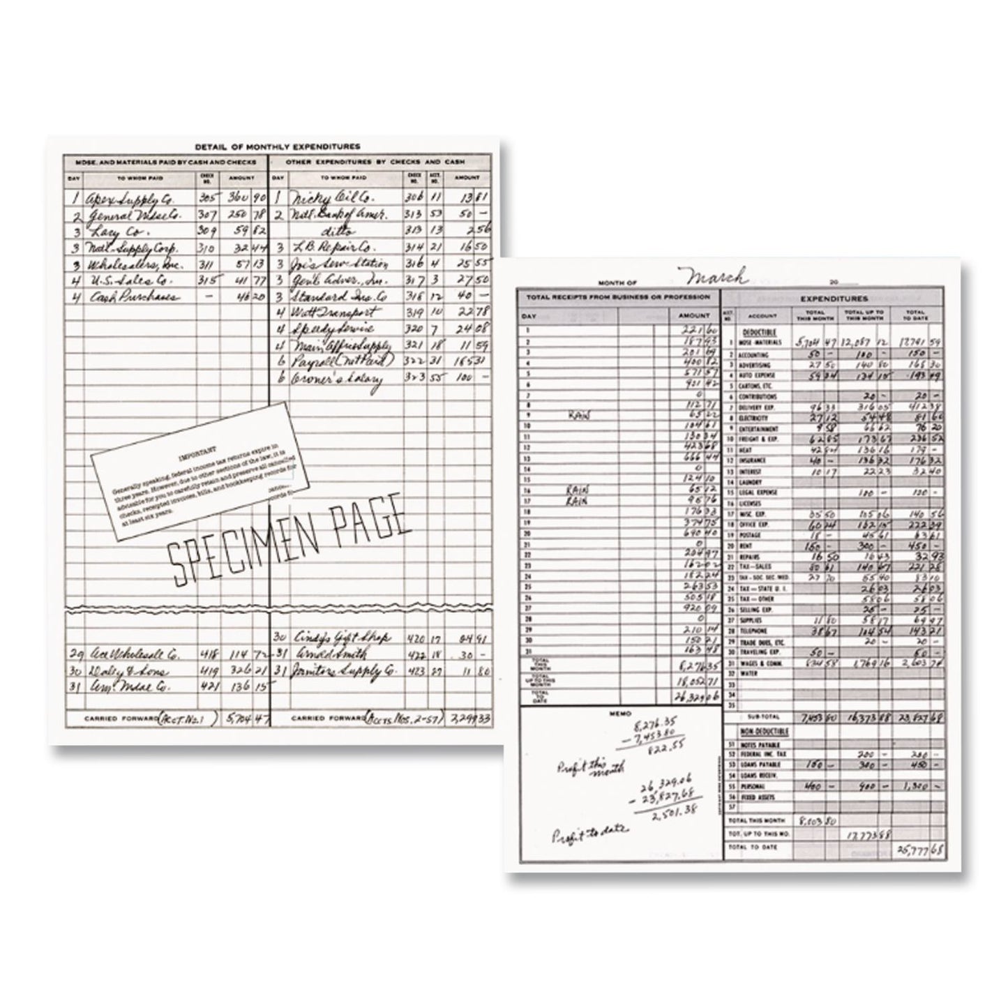 Simplified Monthly Bookkeeping Record, 4 Column Format, Tan Cover, 11 X 8.5 Sheets, 128 Sheets/book