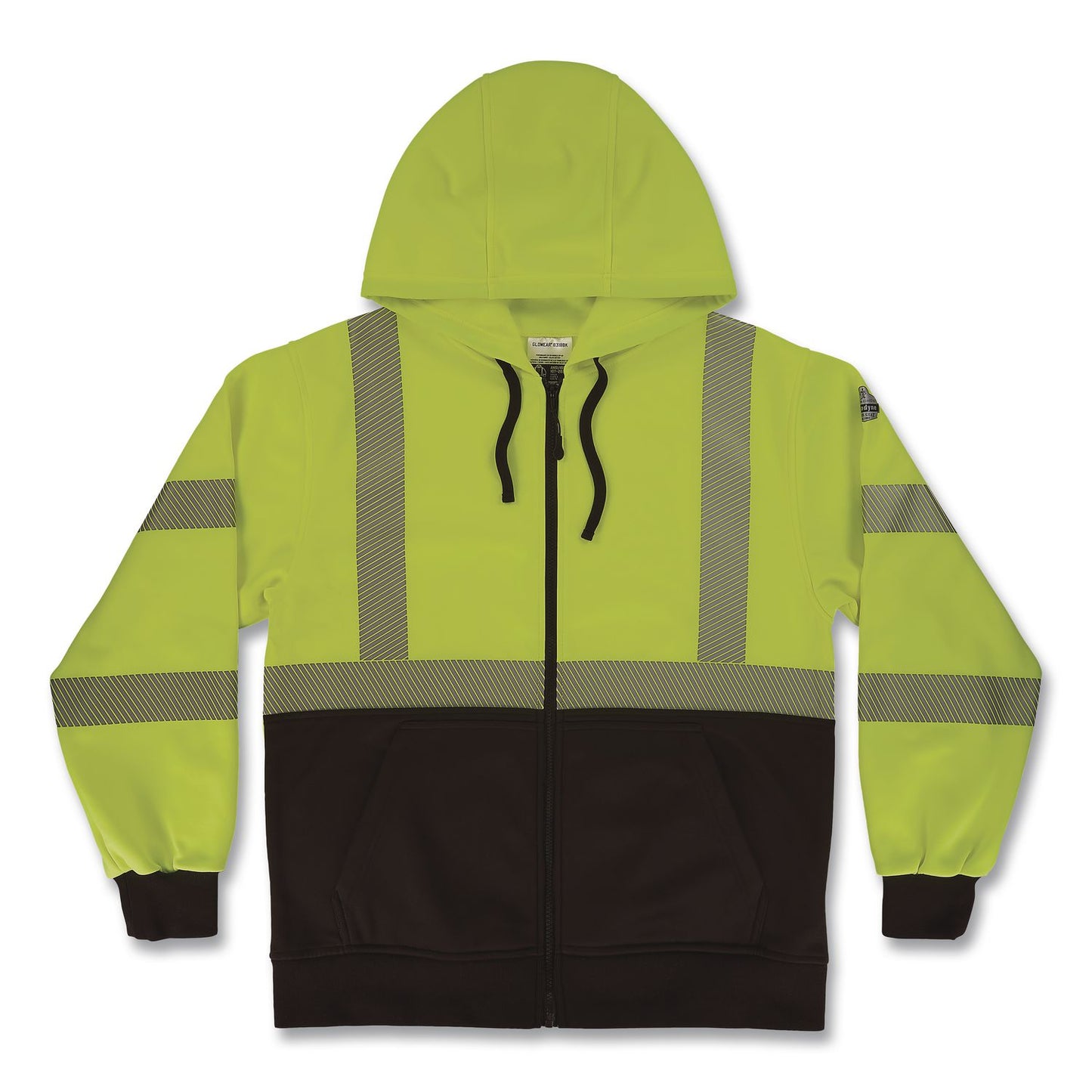 GloWear 8318BK Class 3 Performance Hi-Vis Hooded Zip-Up Sweatshirt with Black Bottom, 4X-Large, Lime