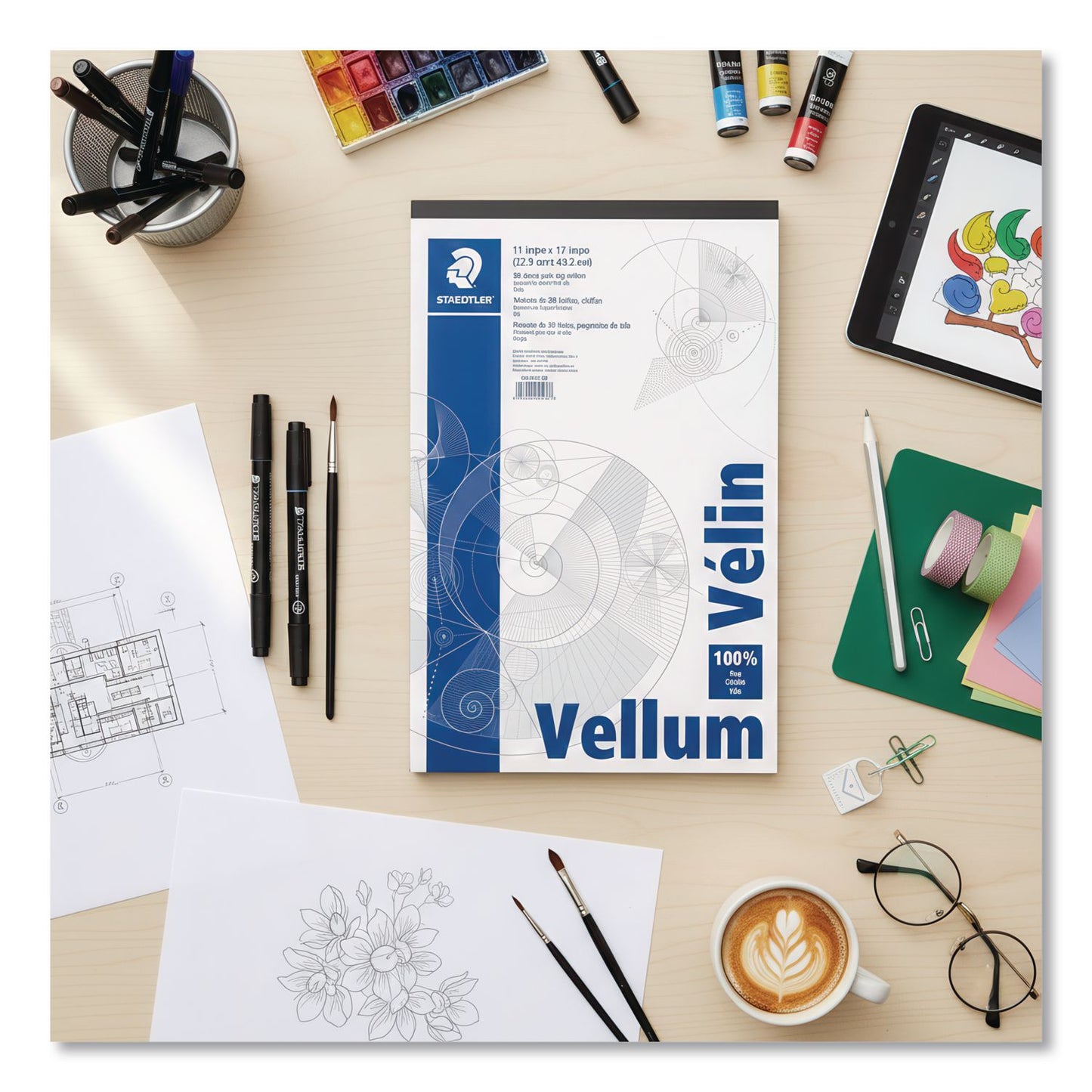 Mars Translucent Vellum Art and Drafting Paper, 16 lb Bristol Weight, 11 x 17, Translucent, 50/Pad