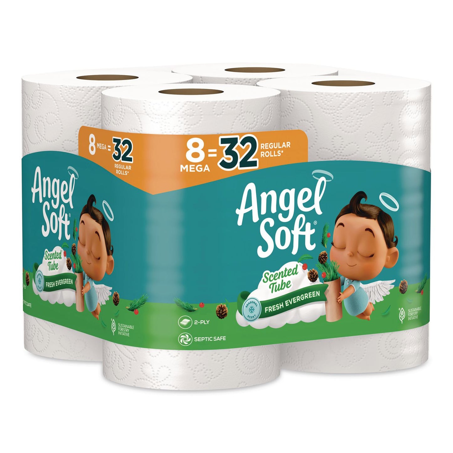 Mega Toilet Paper, Limited Edition Fresh Evergreen Scent Tube, Septic Safe, 2-Ply, White, 320 Sheets/Roll, 8 Rolls/Pack