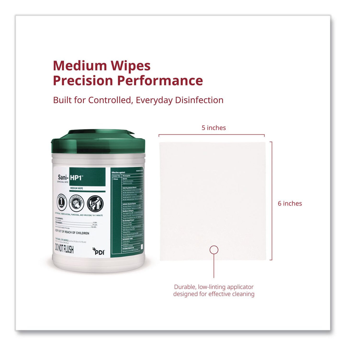 Sani-HP1 Germicidal Wipes, 5 x 6, Unscented, White, 275 Wipes/Canister