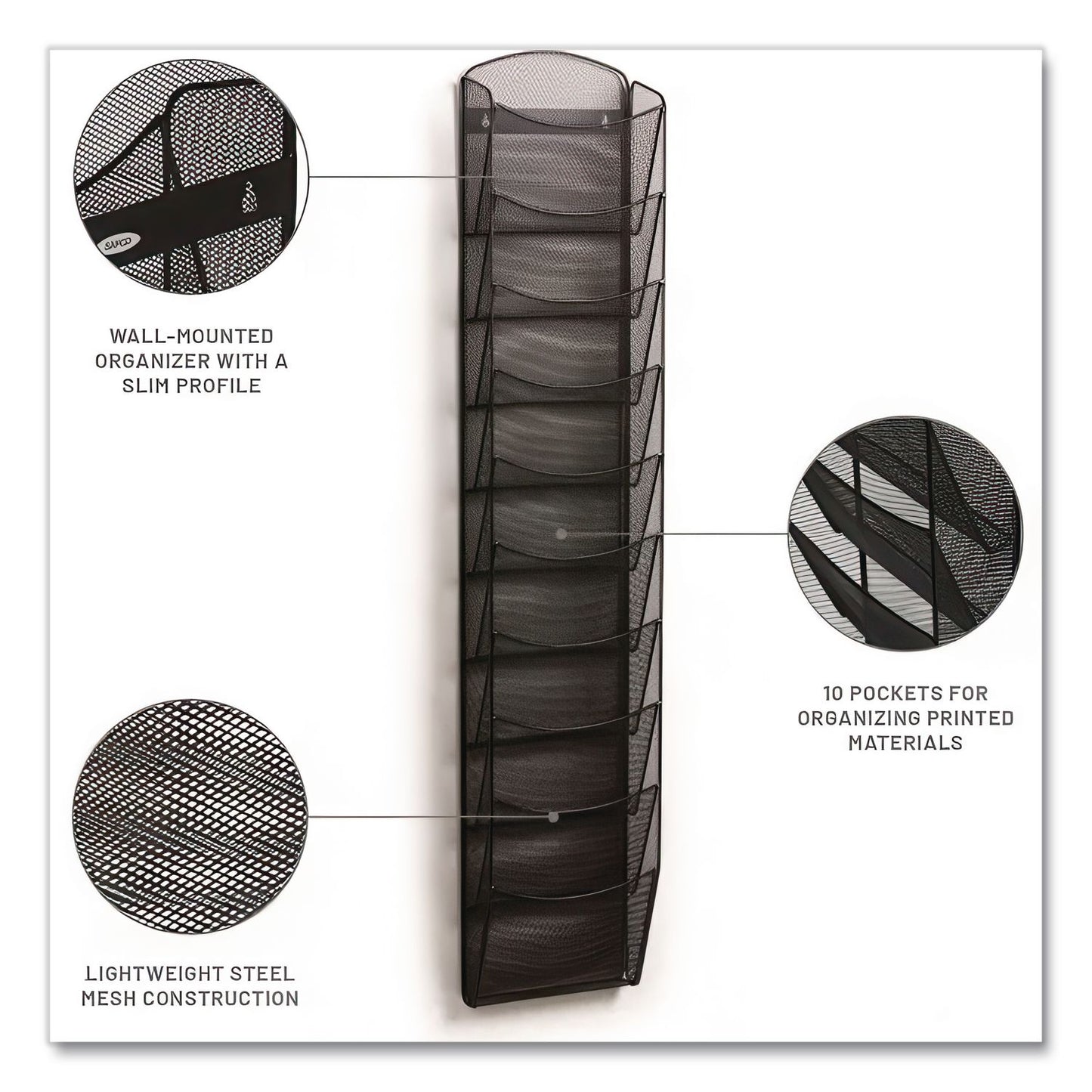 Onyx Mesh Literature Rack, Ten Compartments, 10.25w X 3.5d X 50.75h, Black