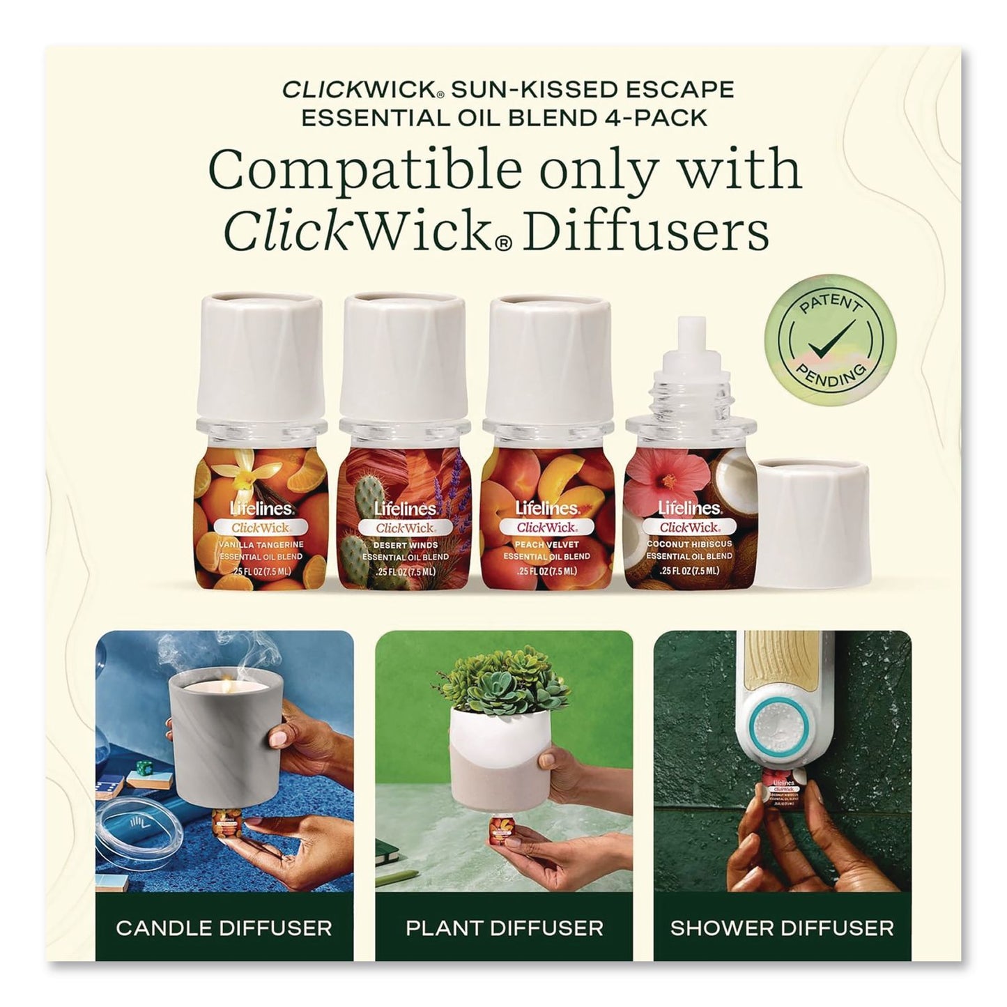 ClickWick Sunkissed Escape Essential Oil Set, Coconut Hibiscus/Desert Winds/Peach Velvet/Vanilla Tangerine, 0.25 oz Bottle