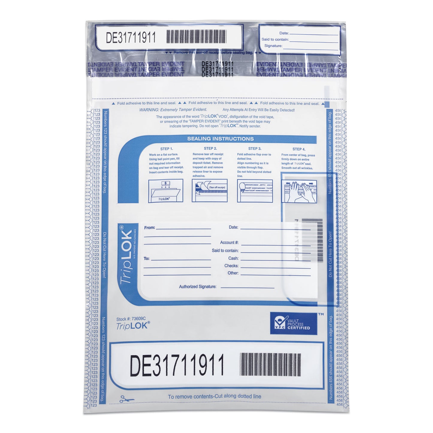 TripLOK Series A Tamper-Evident Bags, Plastic, 9" x 12", Clear, 100/Pack
