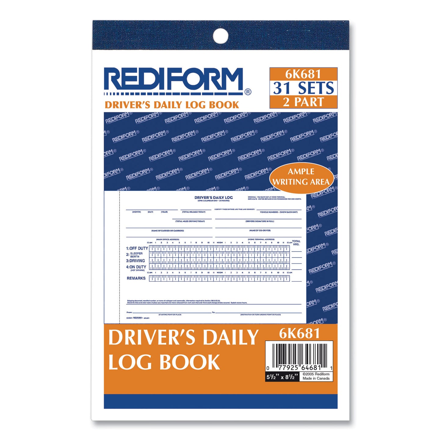 Driver's Daily Log Book with Daily Record and Hours Summary, Two-Part Carbonless, 7.88 x 5.5, 31 Forms Total