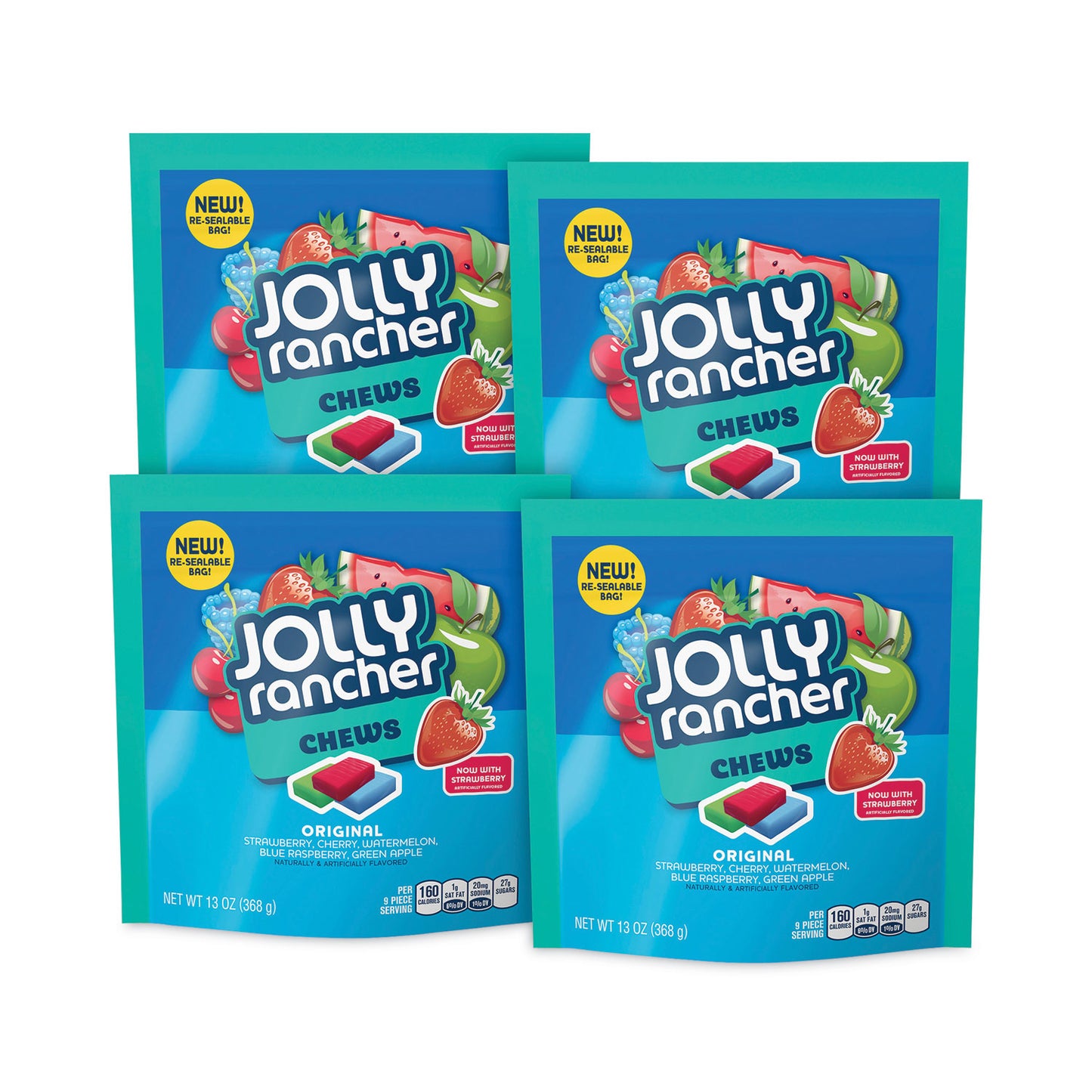 Chews Candy, Assorted Flavors, 13 oz Pouches, 4/Carton