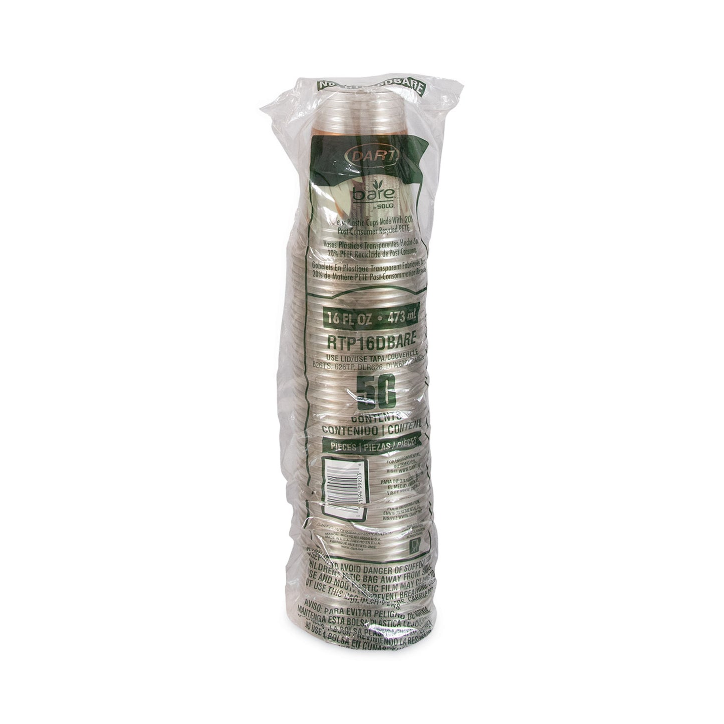 Bare Eco-Forward RPET Cold Cups, 16 oz to 18 oz, Plastic, Leaf Design, 50/Pack