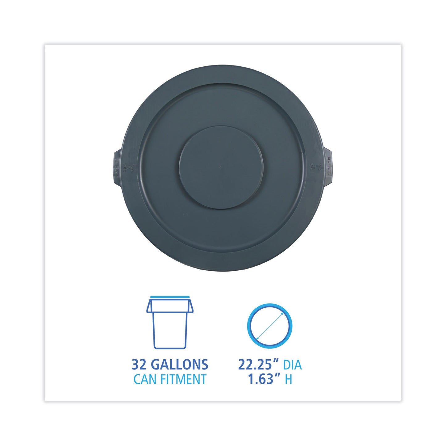 Lids For 32 Gal Waste Receptacle, Flat-Top, Round, Plastic, Gray