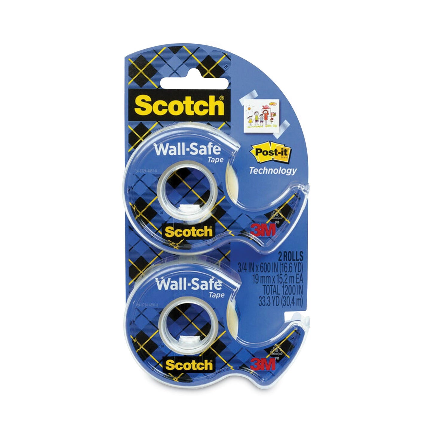 Wall-Safe Tape With Dispenser, 1" Core, 0.75" X 50 Ft, Clear, 2/pack