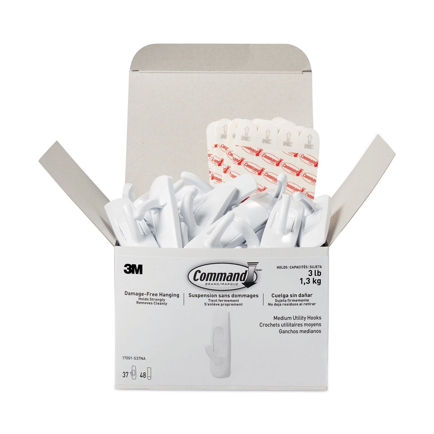 Medium Utility Hooks, Plastic, White, Supports 3 lb, 37/Pack