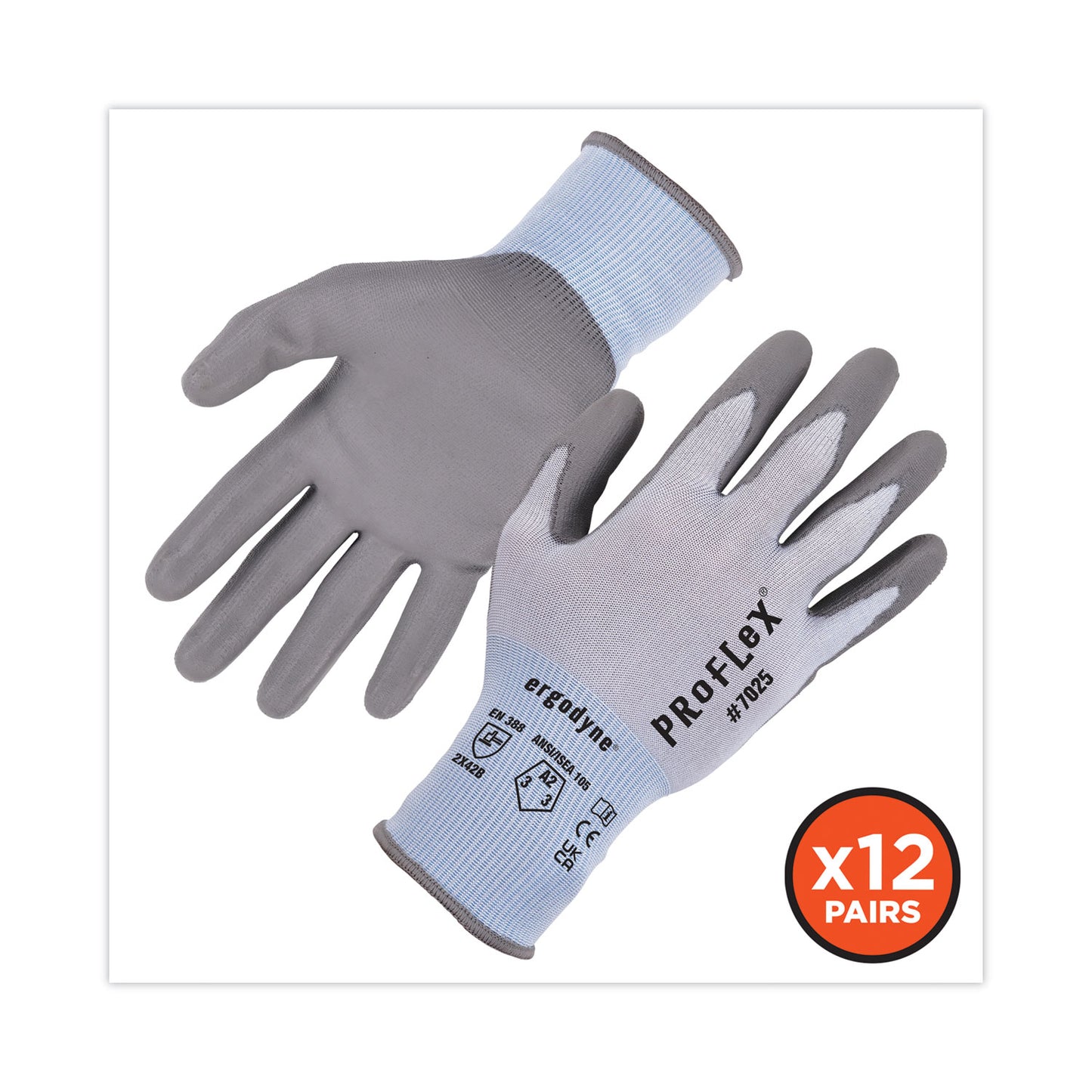 ProFlex 7025 ANSI A2 PU Coated CR Gloves, EN388: 2X42B, 9" Long, XX-Large, Blue, 12 Pairs