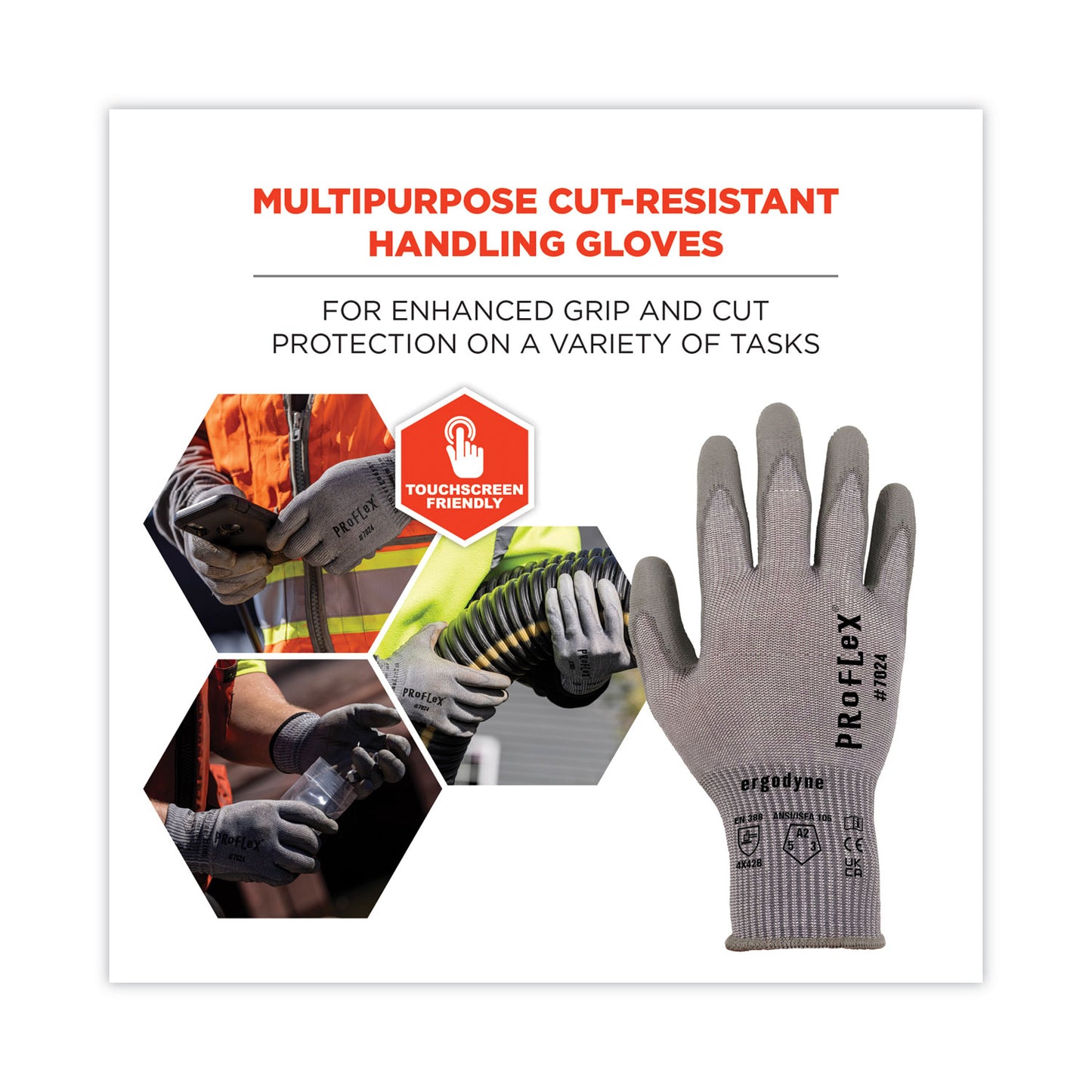 ProFlex 7024 ANSI A2 PU Coated CR Gloves, EN388: 4X42B, 7" Long, Small, Gray, Pair