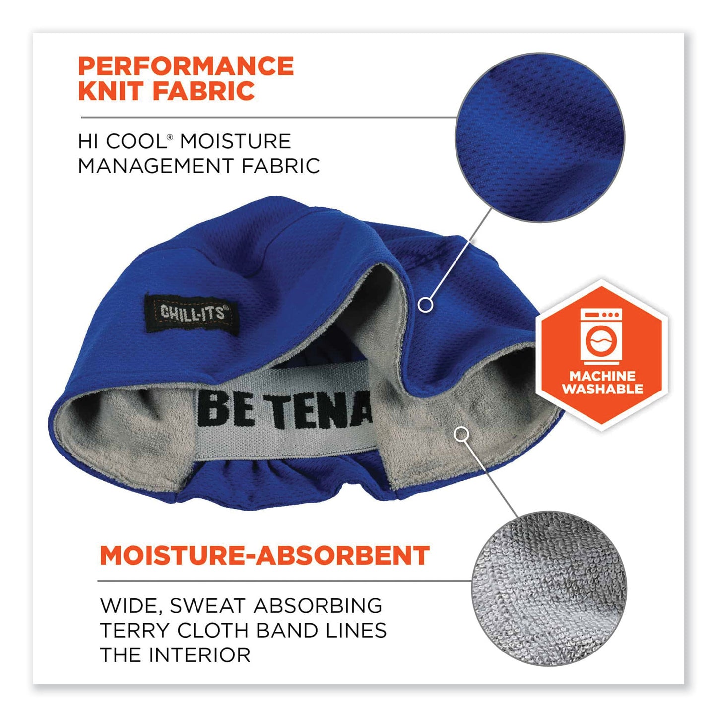 Chill-Its 6630 High-Performance Terry Cloth Skull Cap, Polyester, One Size Fits Most, Blue