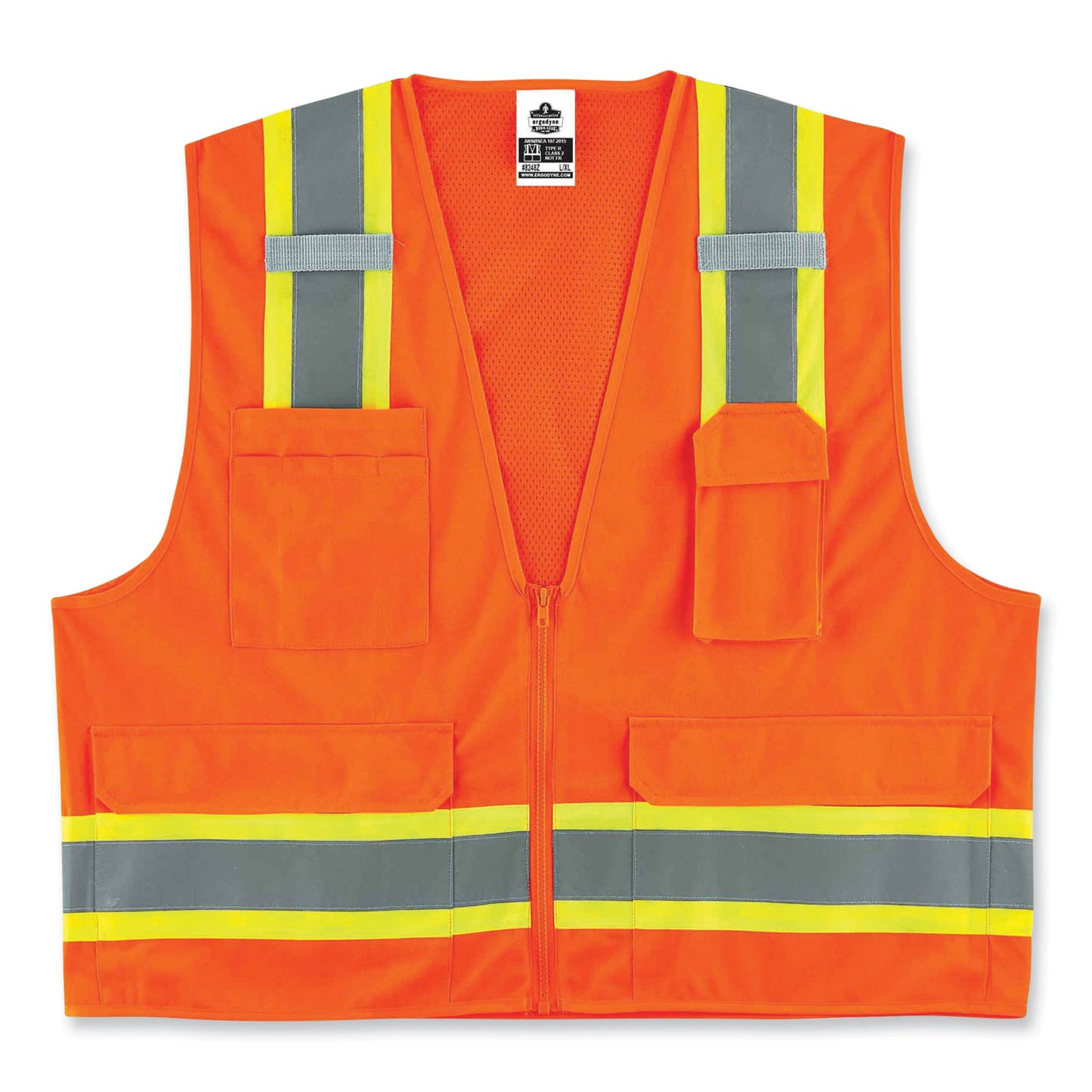 GloWear 8248Z Class 2 Two-Tone Surveyors Zipper Vest, Polyester, 2X-Large/3X-Large, Orange