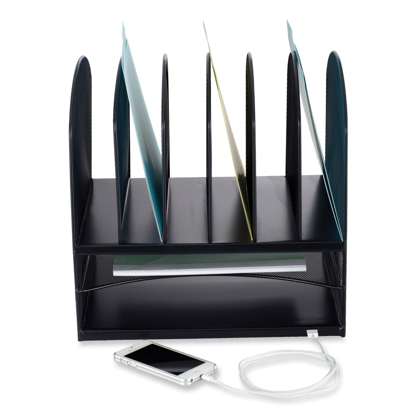 Powered Onyx Desk Organizer with 2 Horizontal and 6 Upright Sections, Letter Size Files, 13.5 x 11.5 x 13, Black