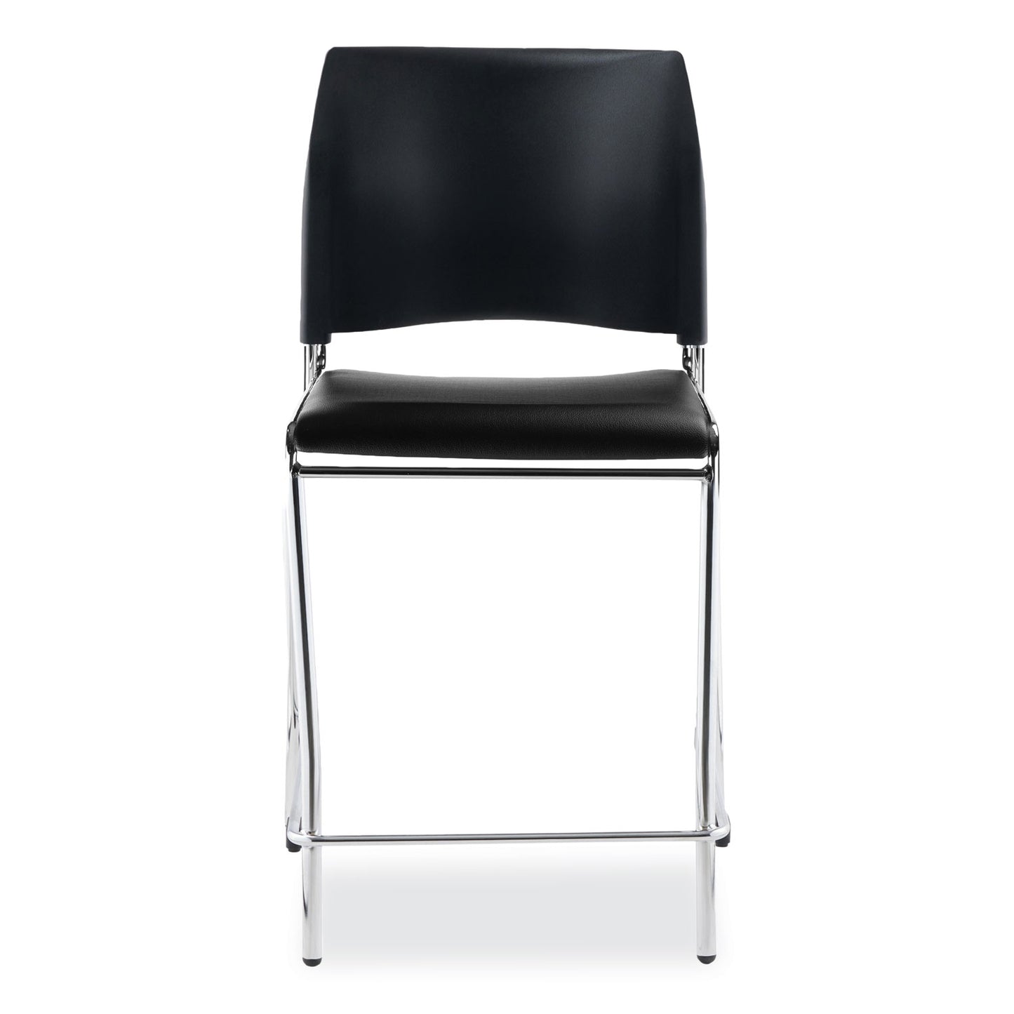 Cafetorium Counter Height Stool, Padded, Supports Up to 300 lb, 24" Seat Height, Black Seat, Black Back, Chrome Base