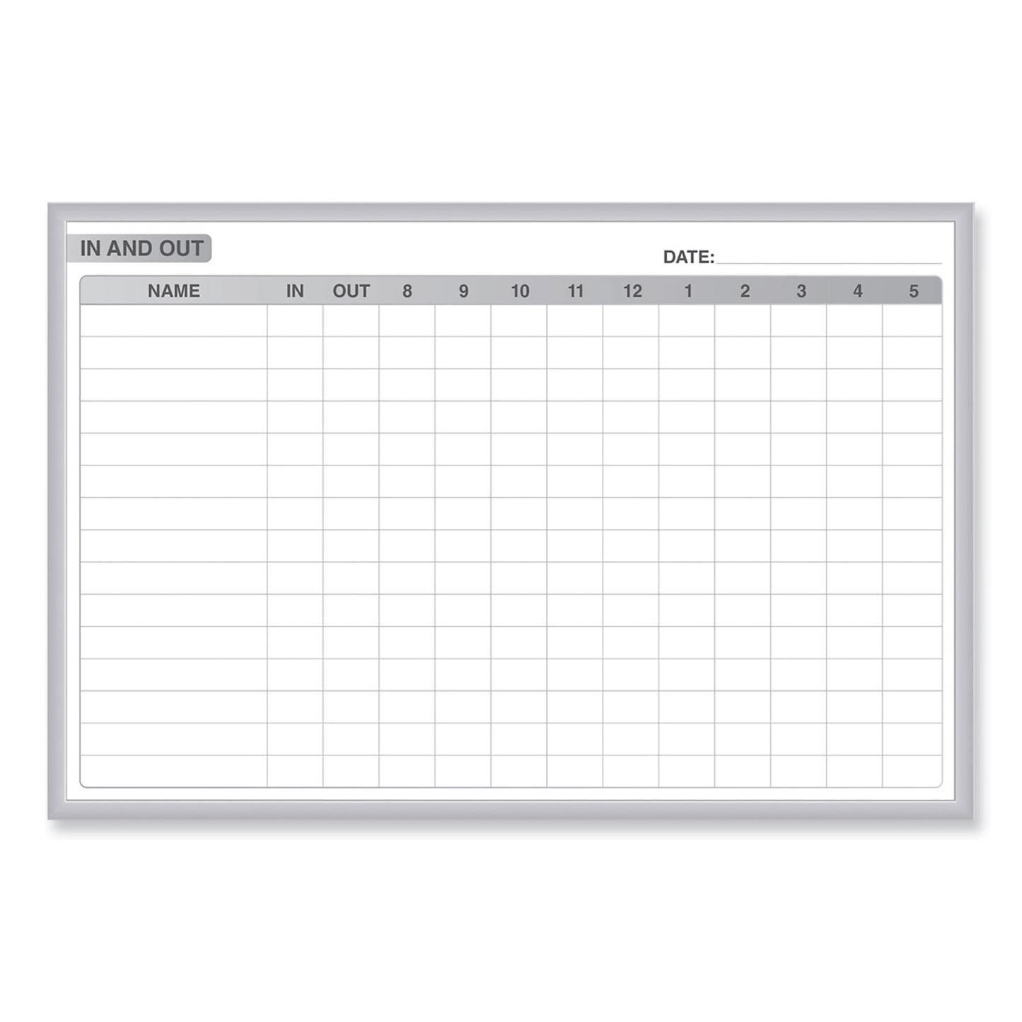 In/Out Magnetic Whiteboard, Personnel In/Out Tracking Chart, 36" x 24", White/Gray Surface, Satin Aluminum Frame