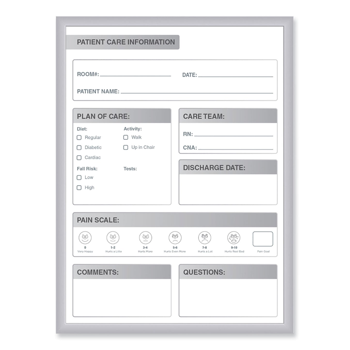 Patient Room Magnetic Whiteboard, Hospital Patient Chart, 24" x 36", White/Gray Surface, Satin Aluminum Frame