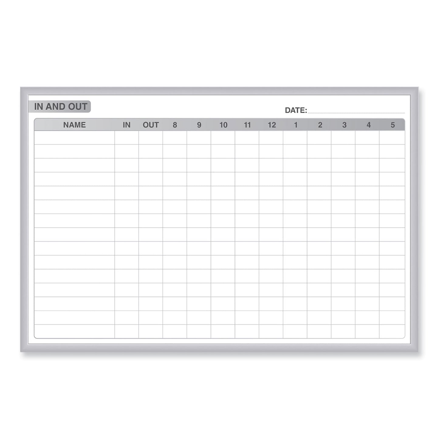 In/Out Magnetic Whiteboard, Personnel In/Out Tracking Chart, 48.5" x 36.5", White/Gray Surface, Satin Aluminum Frame