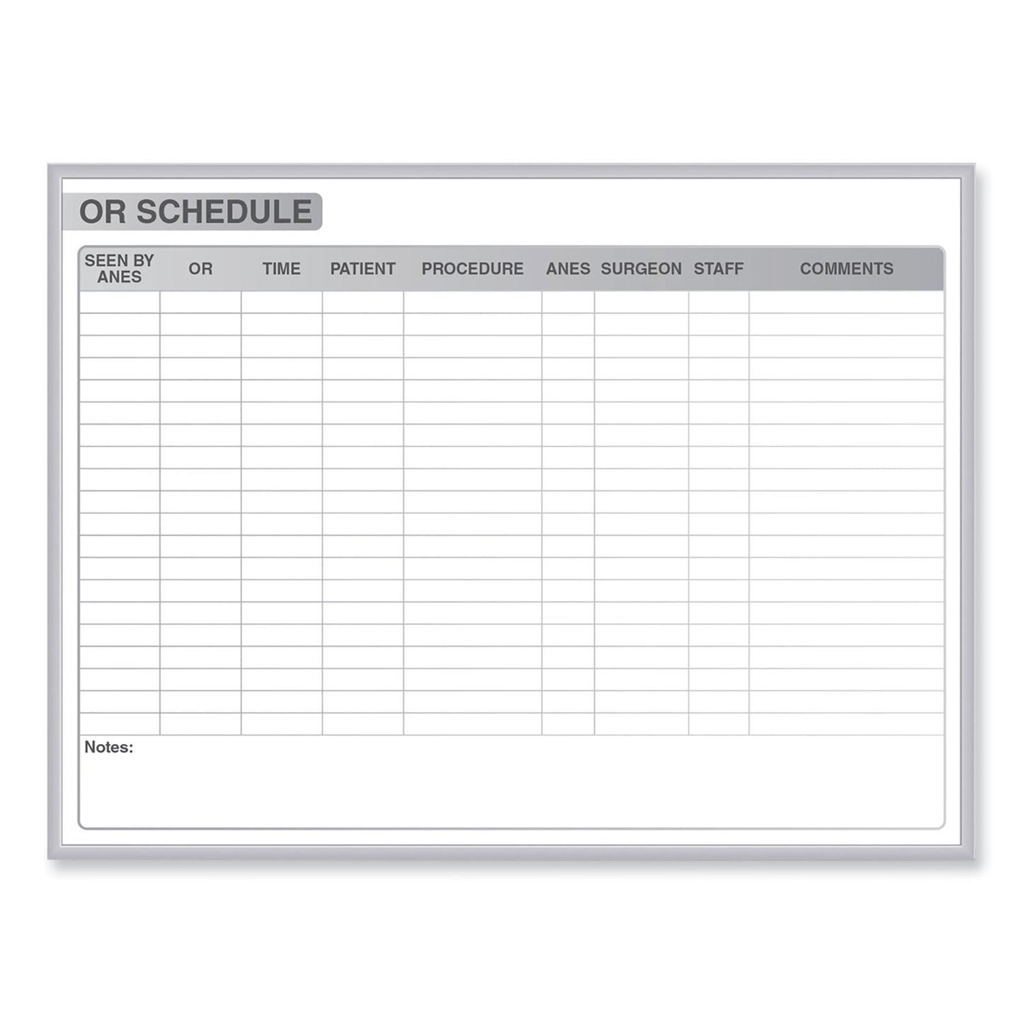 OR Schedule Magnetic Whiteboard, Operating Room Scheduling Chart, 72.5" x 48.5", White/Gray Surface, Satin Aluminum Frame