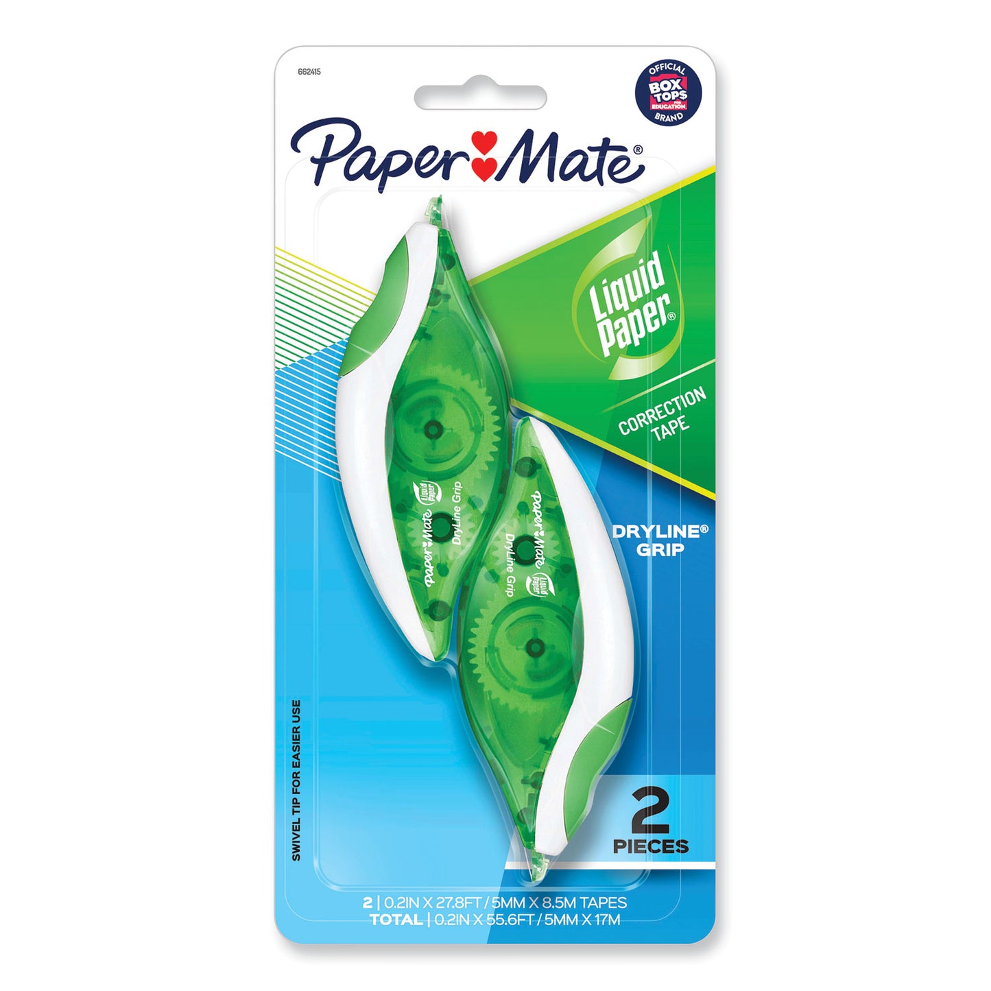 DryLine Grip Correction Tape, Non-Refillable, 0.2" x 27.92 ft, White Tape, Translucent Green/White Dispenser, 2/Pack
